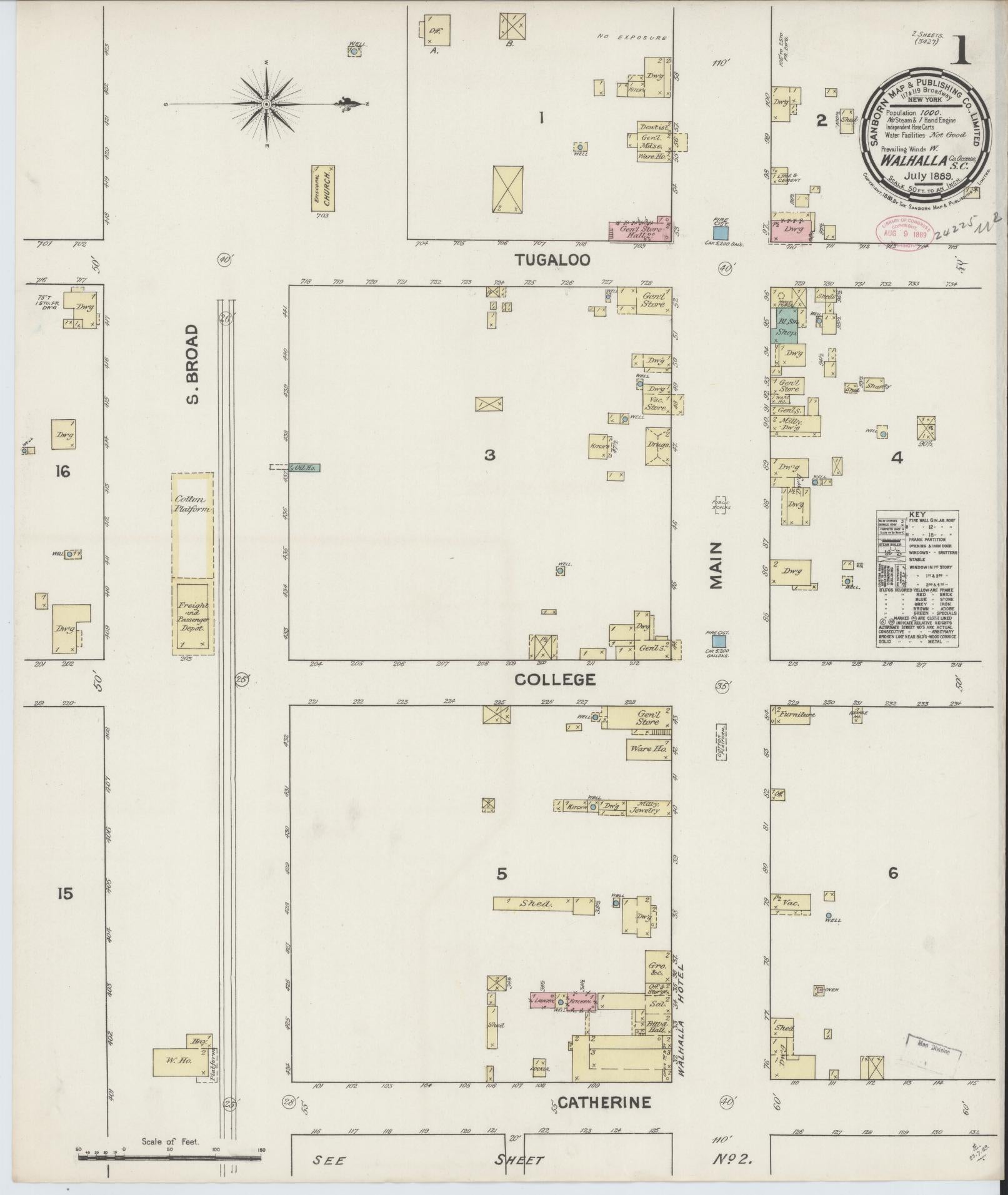 Sanborn Fire Insurance Map from Walhalla, Oconee County, South Carolina (1889), Sheet #0001 - Complete Map Set gallery image, historic Sanborn map, vintage wall art, South Carolina South Carolina