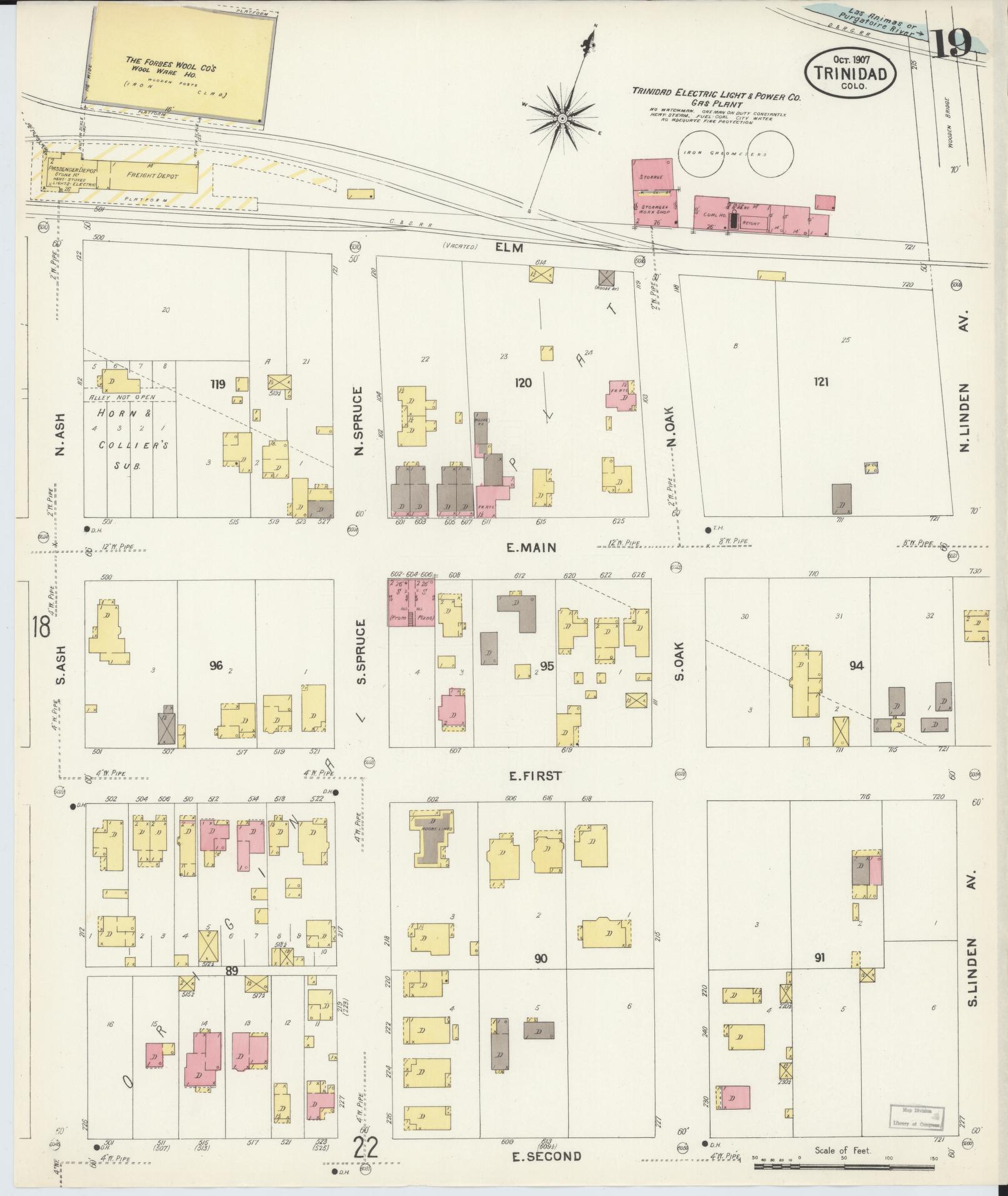 Sanborn Fire Insurance Map from Trinidad, Las Animas County, Colorado (1907), Sheet #0019 - Complete Map Set gallery image, historic Sanborn map, vintage wall art, Colorado Colorado