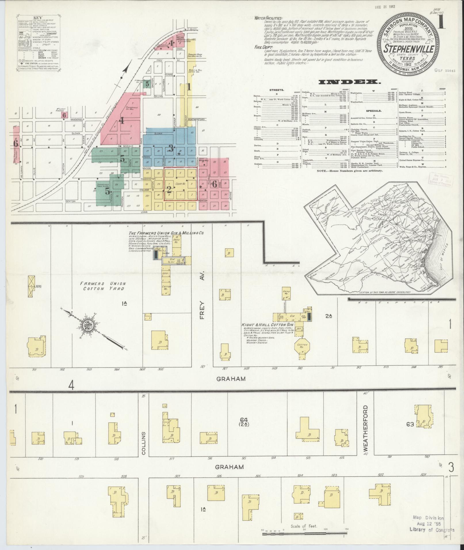 Sanborn Fire Insurance Map from Stephenville, Erath County, Texas (1912), Sheet #0001 - Complete Map Set gallery image, historic Sanborn map, vintage wall art, Texas Texas