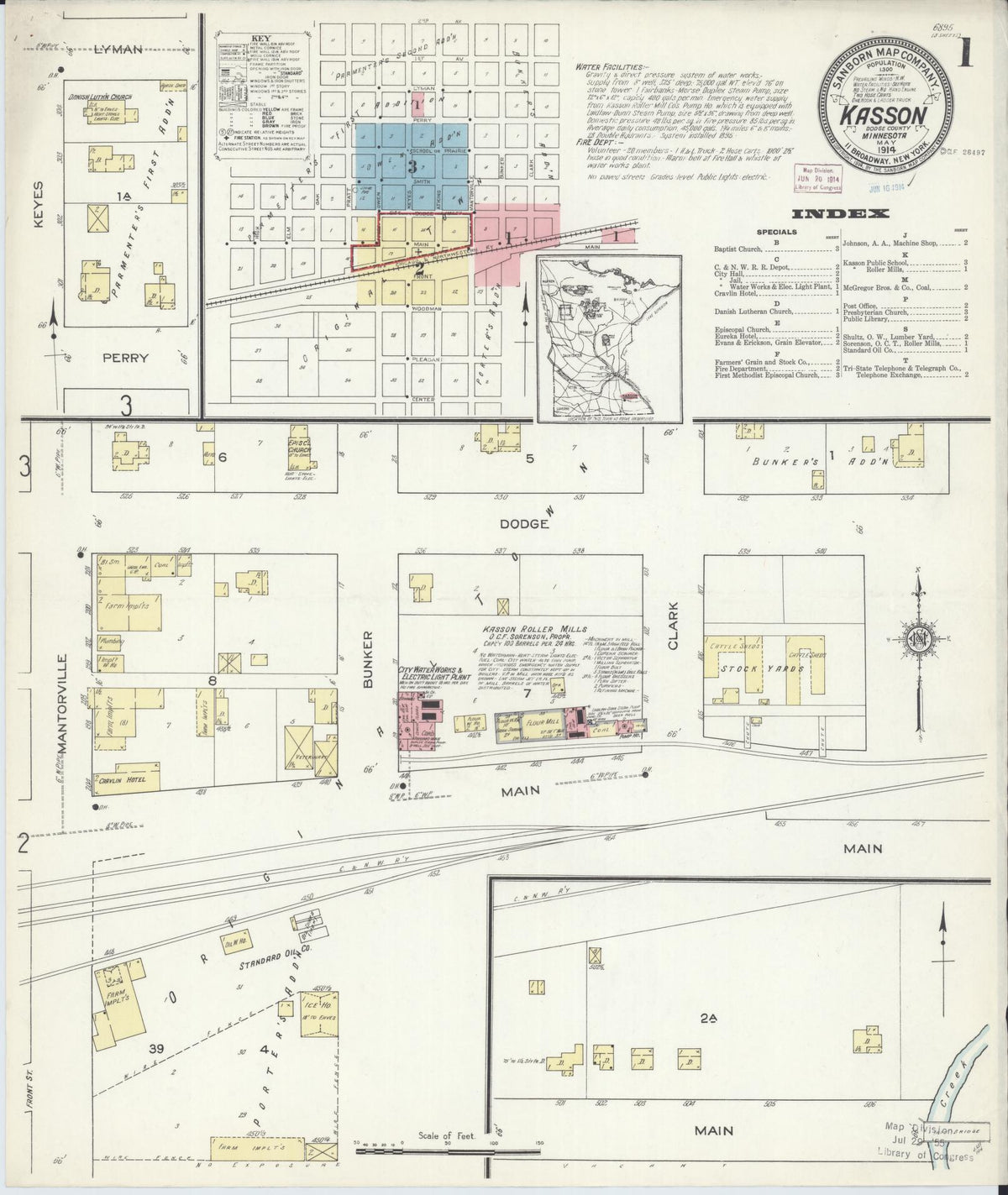 Sanborn Fire Insurance Map from Kasson, Dodge County, Minnesota (1914), Sheet #0001 - Complete Map Set gallery image, historic Sanborn map, vintage wall art, Minnesota Minnesota