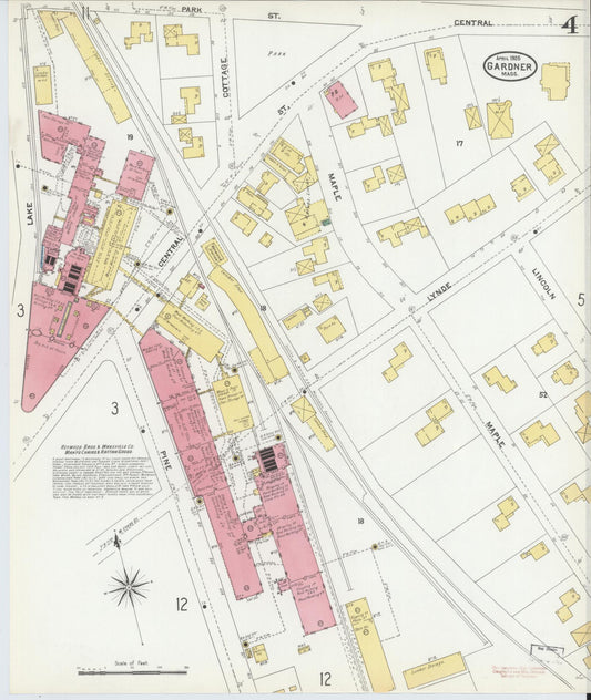Sanborn Fire Insurance Map from Gardner, Worcester County, Massachusetts (1905), Sheet #0004 - Historic Sanborn Fire Insurance Map Print, vintage old map wall art, antique decor, genealogy gift, Massachusetts Massachusetts map
