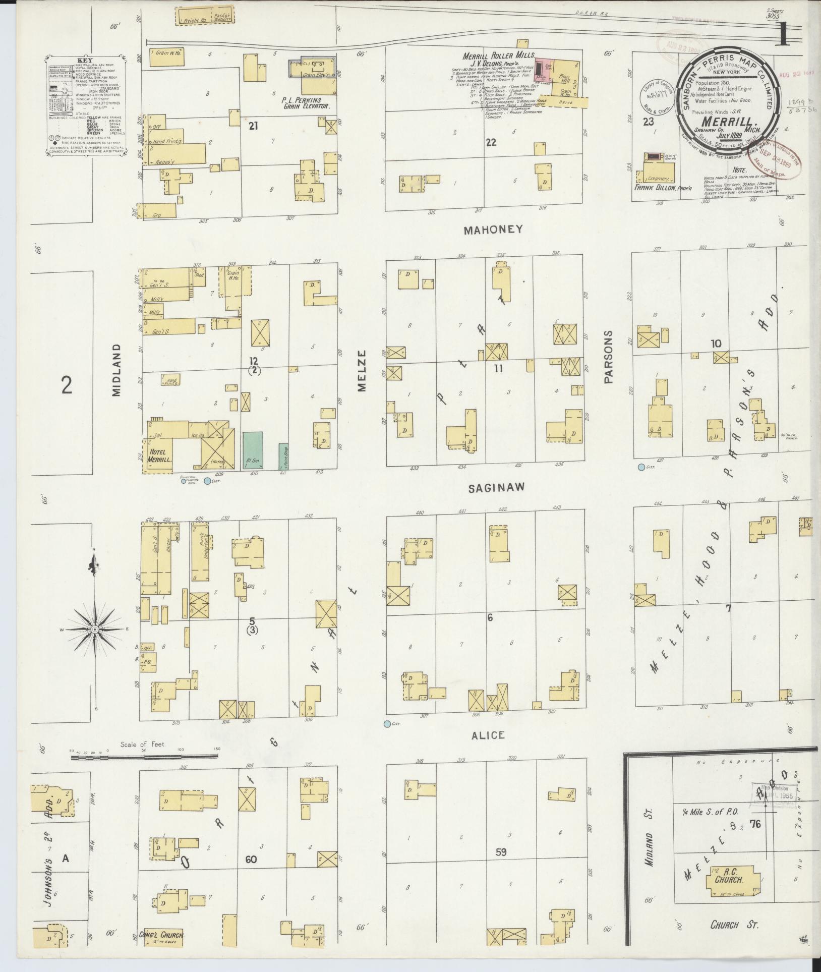 Sanborn Fire Insurance Map from Merrill, Saginaw County, Michigan (1899), Sheet #0001 - Complete Map Set gallery image, historic Sanborn map, vintage wall art, Michigan Michigan