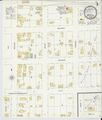 Sanborn Fire Insurance Map from Merrill, Saginaw County, Michigan (1899), Sheet #0001 - Complete Map Set gallery image, historic Sanborn map, vintage wall art, Michigan Michigan