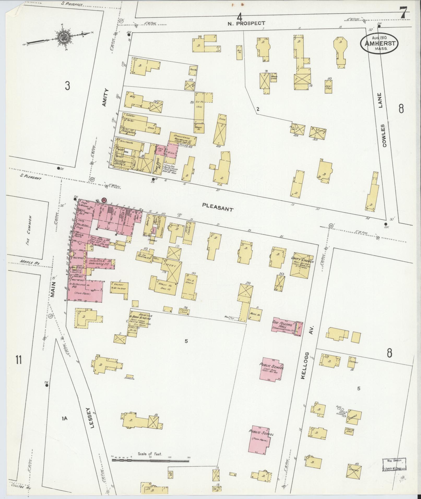Sanborn Fire Insurance Map from Amherst, Hampshire County, Massachusetts (1910), Sheet #0007 - Complete Map Set gallery image, historic Sanborn map, vintage wall art, Massachusetts Massachusetts