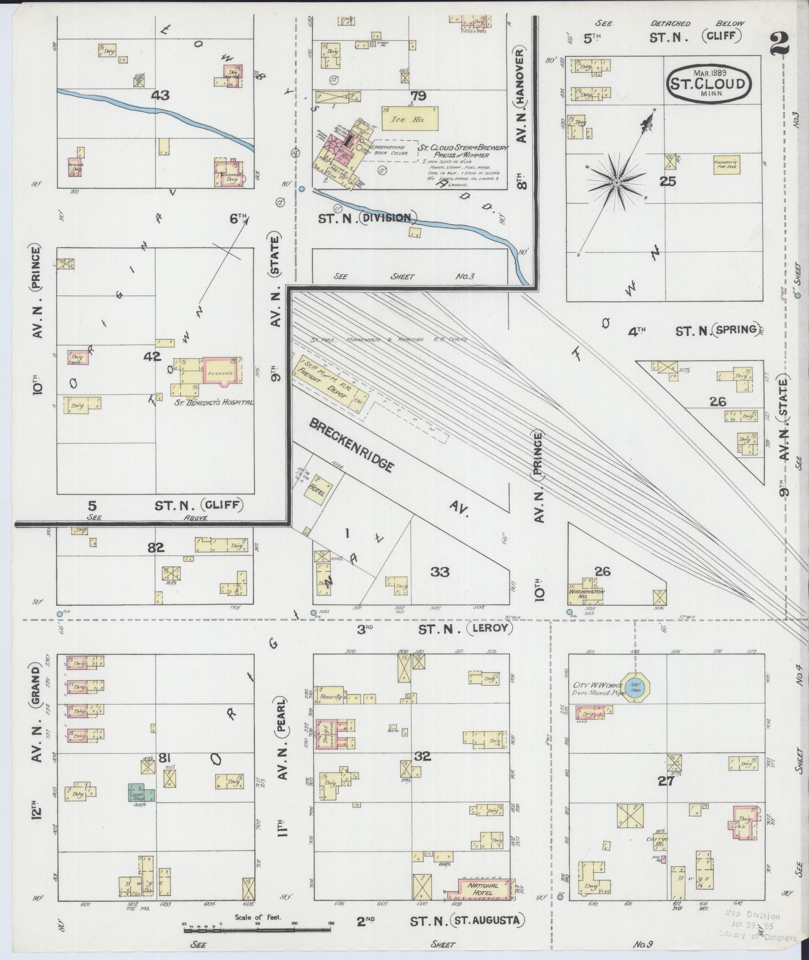 Sanborn Fire Insurance Map from Saint Cloud, Stearns, Benton, and Sherburne Counties, Minnesota (1889), Sheet #0002 - Complete Map Set gallery image, historic Sanborn map, vintage wall art, Minnesota Minnesota