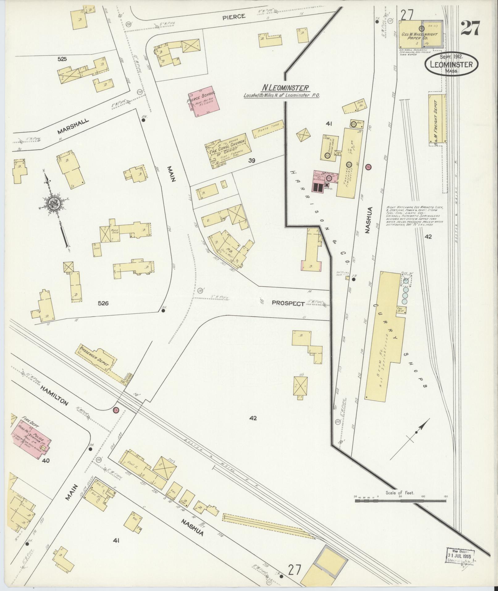 Sanborn Fire Insurance Map from Leominster, Worcester County, Massachusetts (1912), Sheet #0027 - Complete Map Set gallery image, historic Sanborn map, vintage wall art, Massachusetts Massachusetts