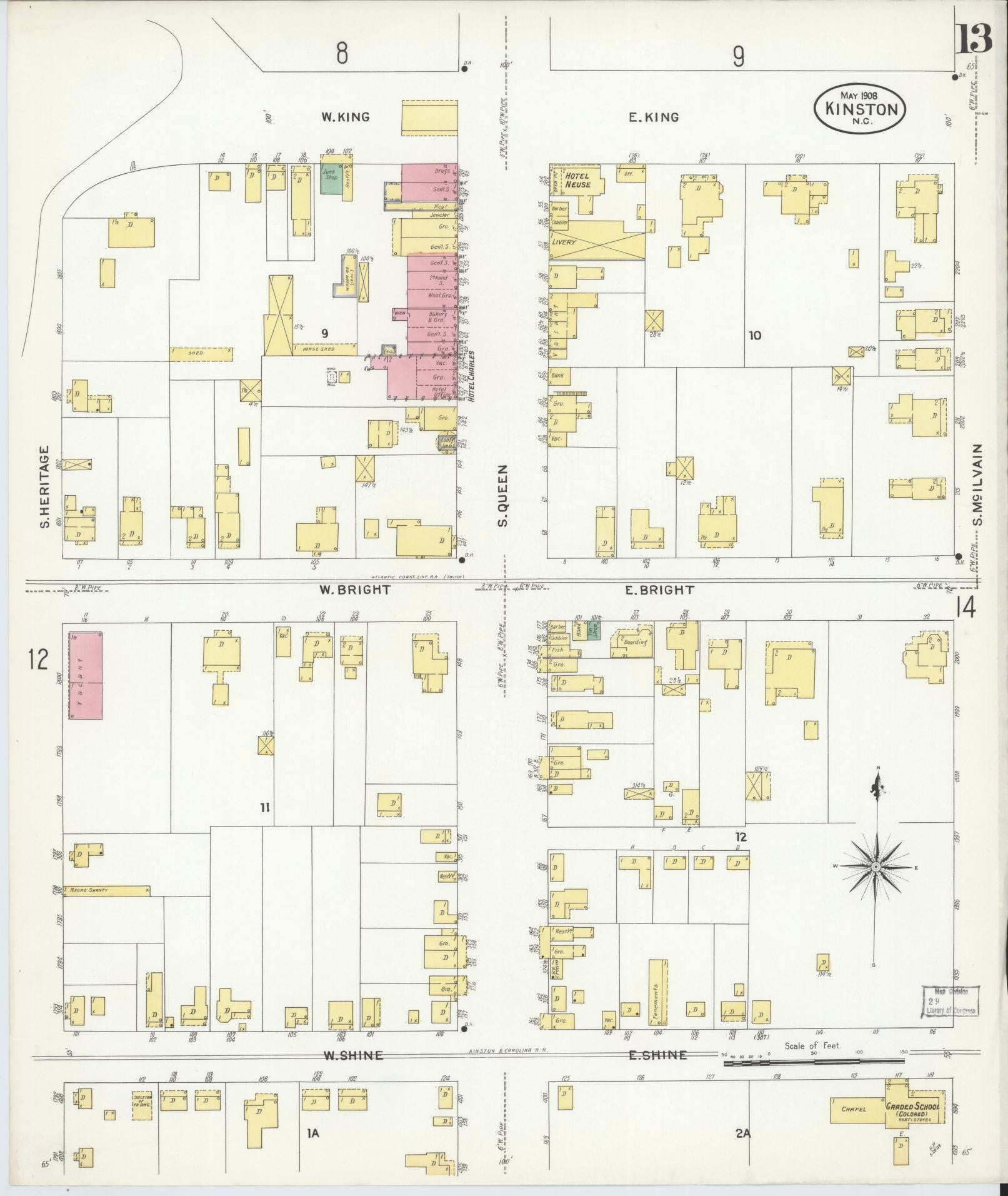 Sanborn Fire Insurance Map from Kinston, Lenoir County, North Carolina (1908), Sheet #0013 - Complete Map Set gallery image, historic Sanborn map, vintage wall art, North Carolina North Carolina