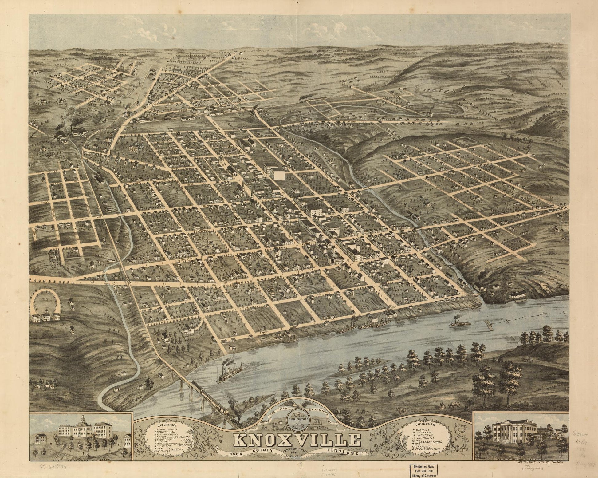 Bird's eye view of the city of Knoxville, Knox County, Tennessee 1871. (1871) – Historic Bird’s-Eye View Panorama Print