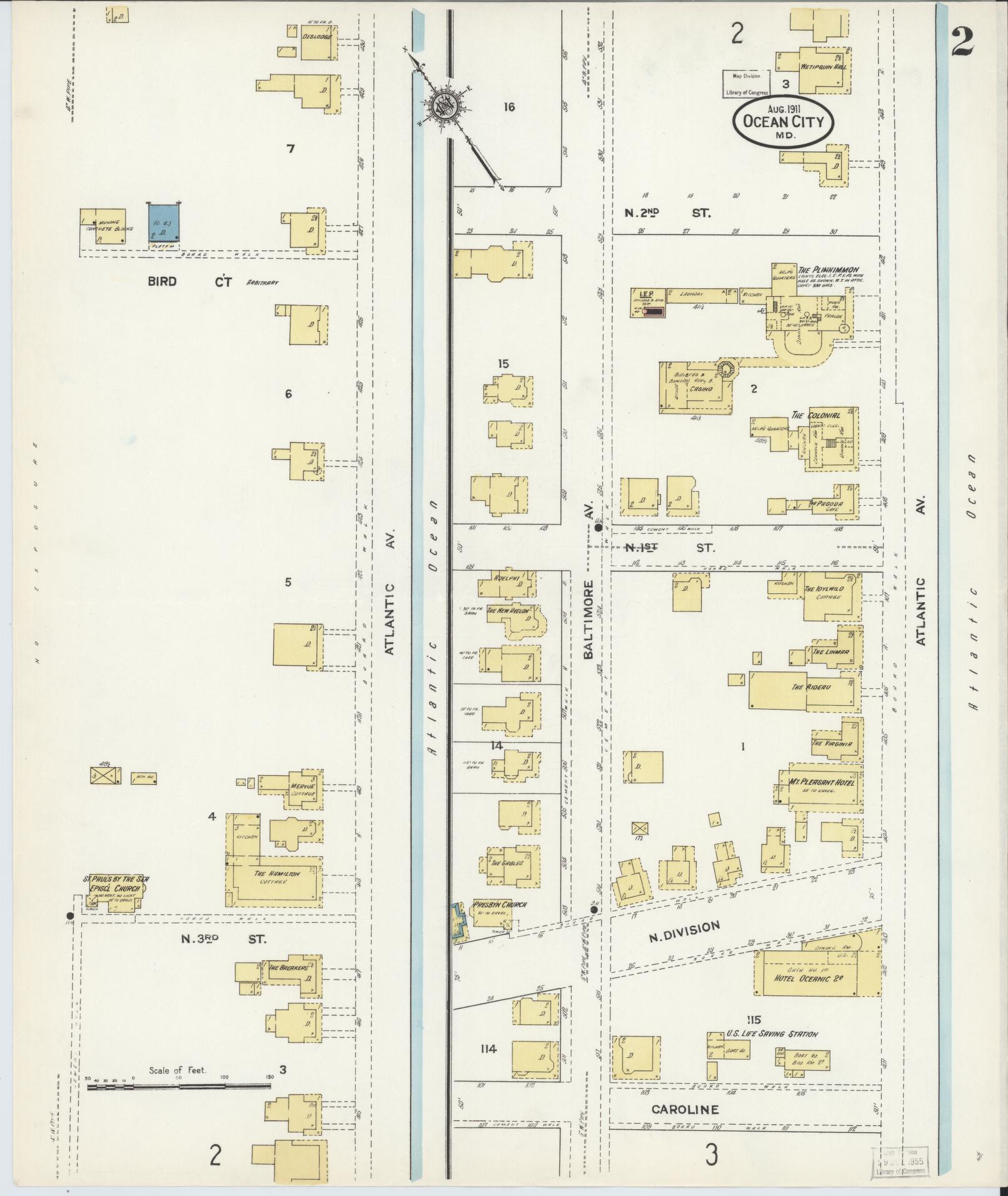 Sanborn Fire Insurance Map from Ocean City, Worcester County, Maryland (1911), Sheet #0002 - Historic Sanborn Fire Insurance Map Print, vintage old map wall art