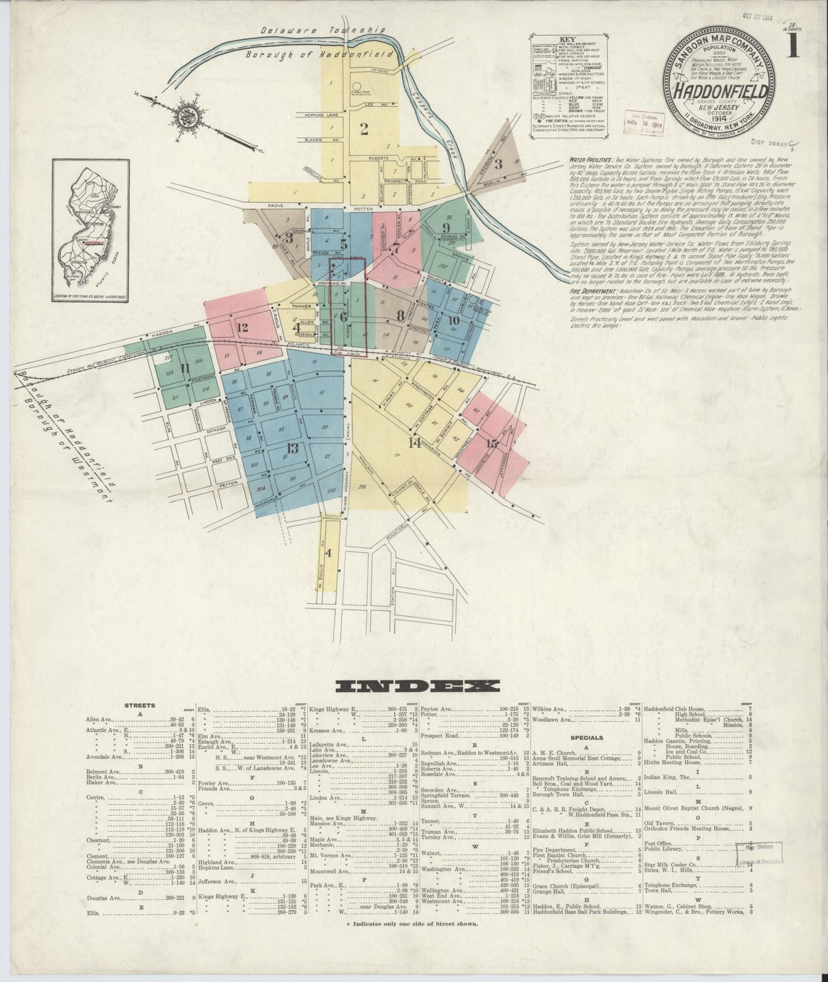 Sanborn Fire Insurance Map from Haddonfield, Camden County, New Jersey (1914), Sheet #0001 - Complete Map Set gallery image, historic Sanborn map, vintage wall art, New Jersey New Jersey