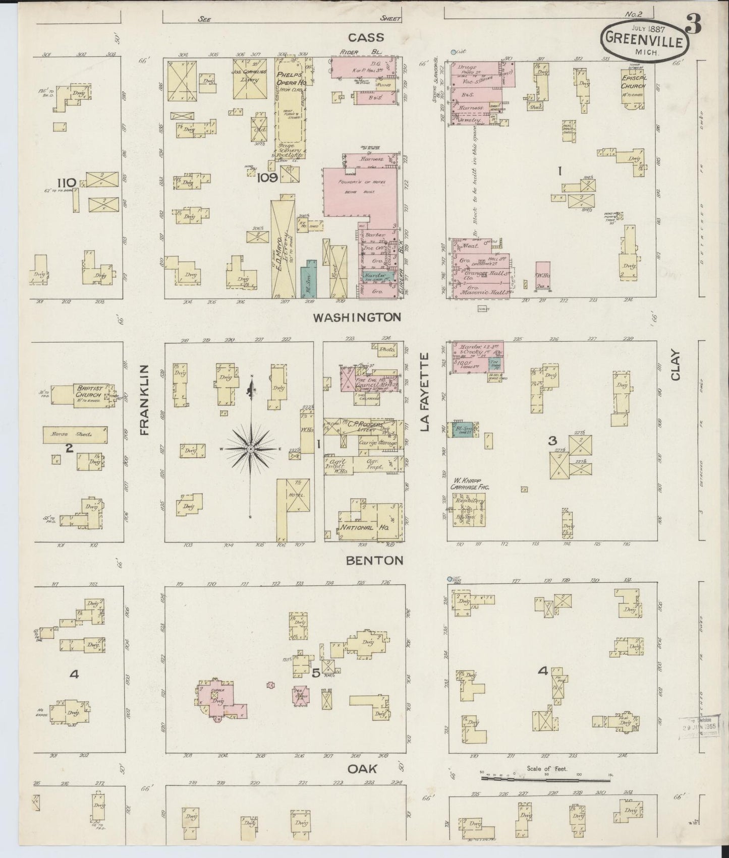 Sanborn Fire Insurance Map from Greenville, Montcalm County, Michigan (1887), Sheet #0003 - Complete Map Set gallery image, historic Sanborn map, vintage wall art, Michigan Michigan