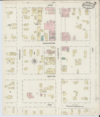 Sanborn Fire Insurance Map from Greenville, Montcalm County, Michigan (1887), Sheet #0003 - Complete Map Set gallery image, historic Sanborn map, vintage wall art, Michigan Michigan