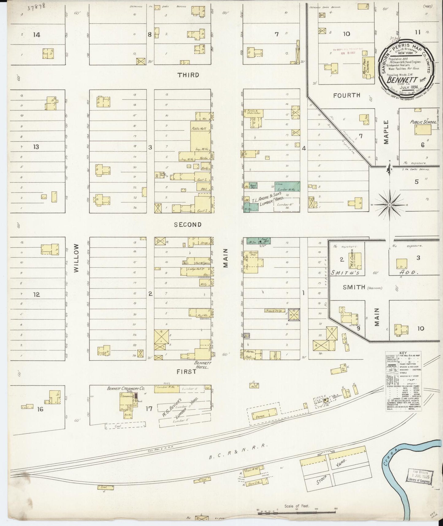 Sanborn Fire Insurance Map from Bennett, Cedar County, Iowa (1894), Sheet #0001 - Historic Sanborn Fire Insurance Map Print, vintage old map wall art