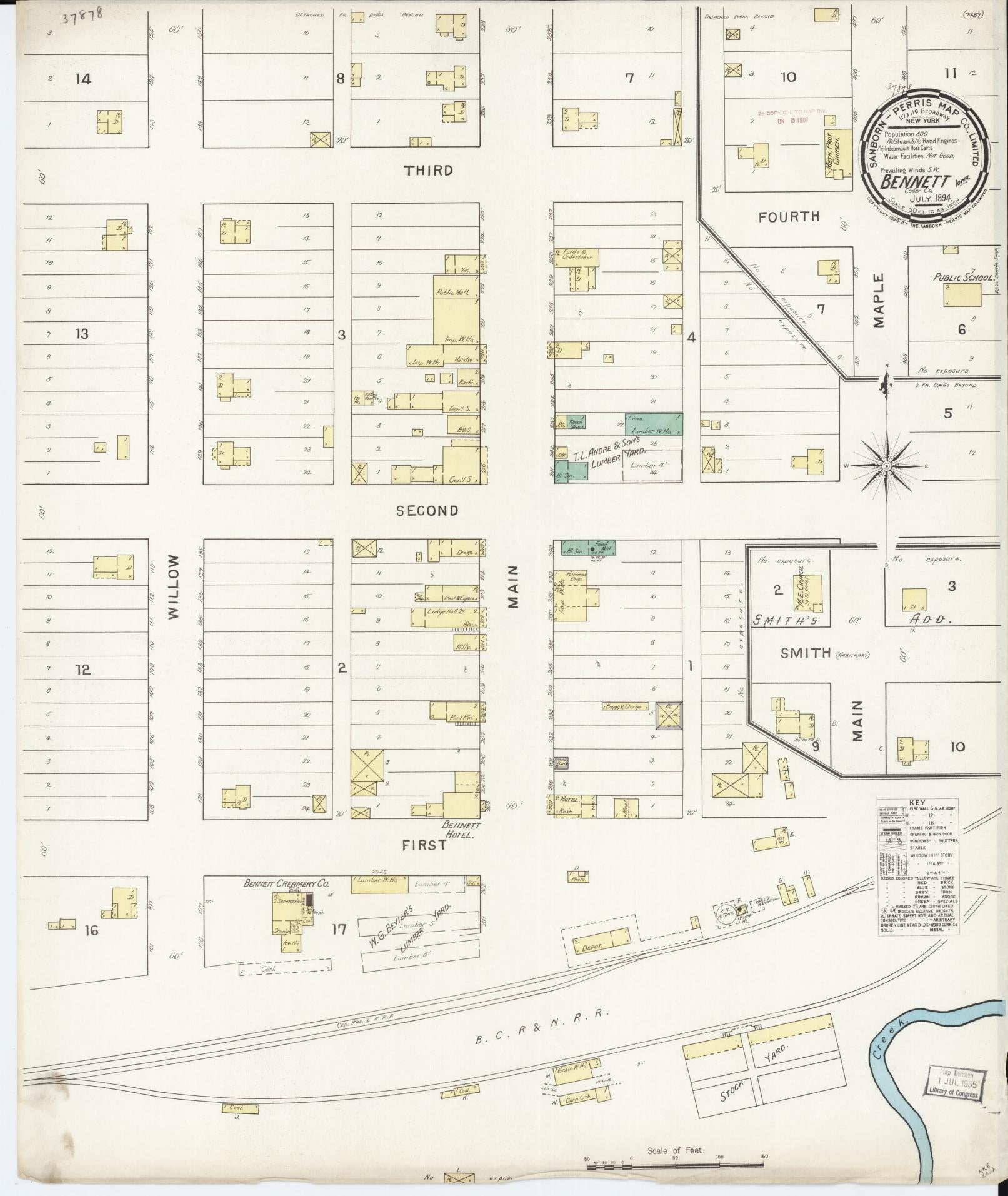 Sanborn Fire Insurance Map from Bennett, Cedar County, Iowa (1894), Sheet #0001 - Historic Sanborn Fire Insurance Map Print, vintage old map wall art