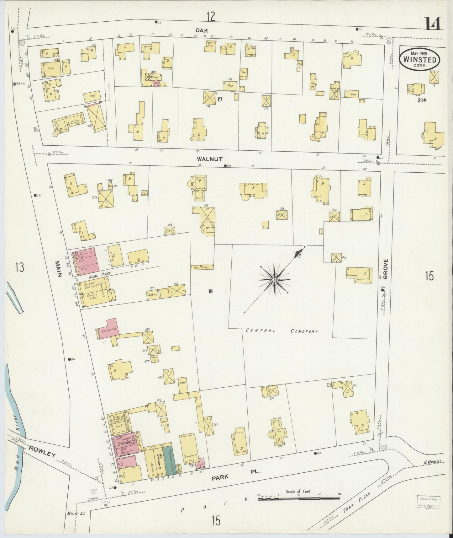 Sanborn Fire Insurance Map from Winsted, Litchfield County, Connecticut (1909), Sheet #0014 - Historic Sanborn Fire Insurance Map Print, vintage old map wall art, antique decor, genealogy gift, Connecticut Connecticut map