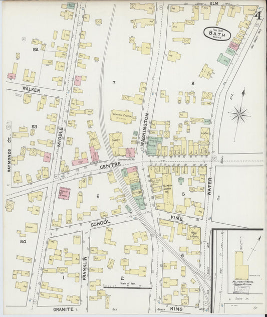 Sanborn Fire Insurance Map from Bath, Sagadahoc County, Maine (1890), Sheet #0004 - Historic Sanborn Fire Insurance Map Print, vintage old map wall art, antique decor, genealogy gift, Maine Maine map