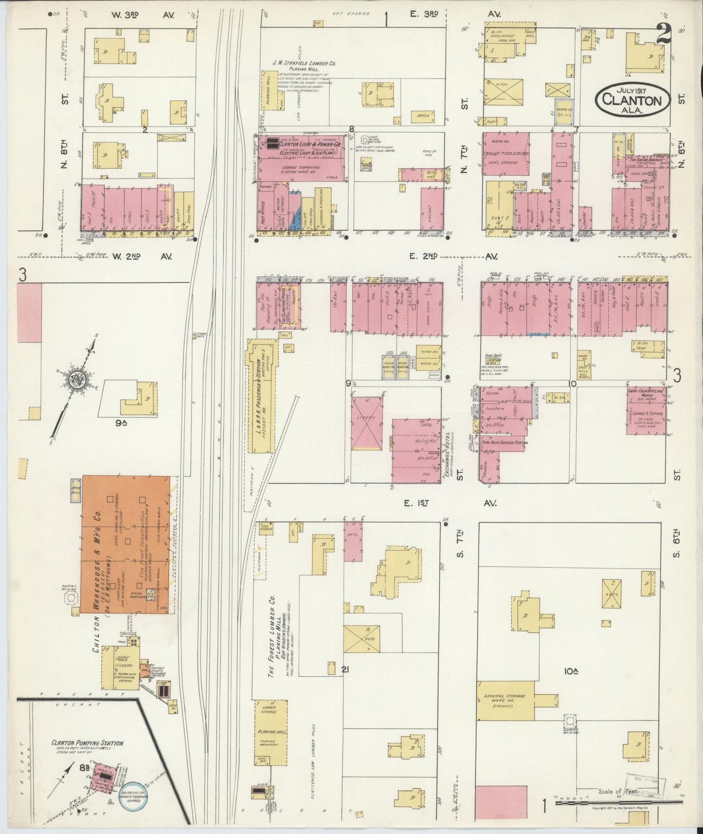 Sanborn Fire Insurance Map from Clanton, Chilton County, Alabama (1917), Sheet #0002 - Historic Sanborn Fire Insurance Map Print, vintage old map wall art, antique decor, genealogy gift, Alabama Alabama map