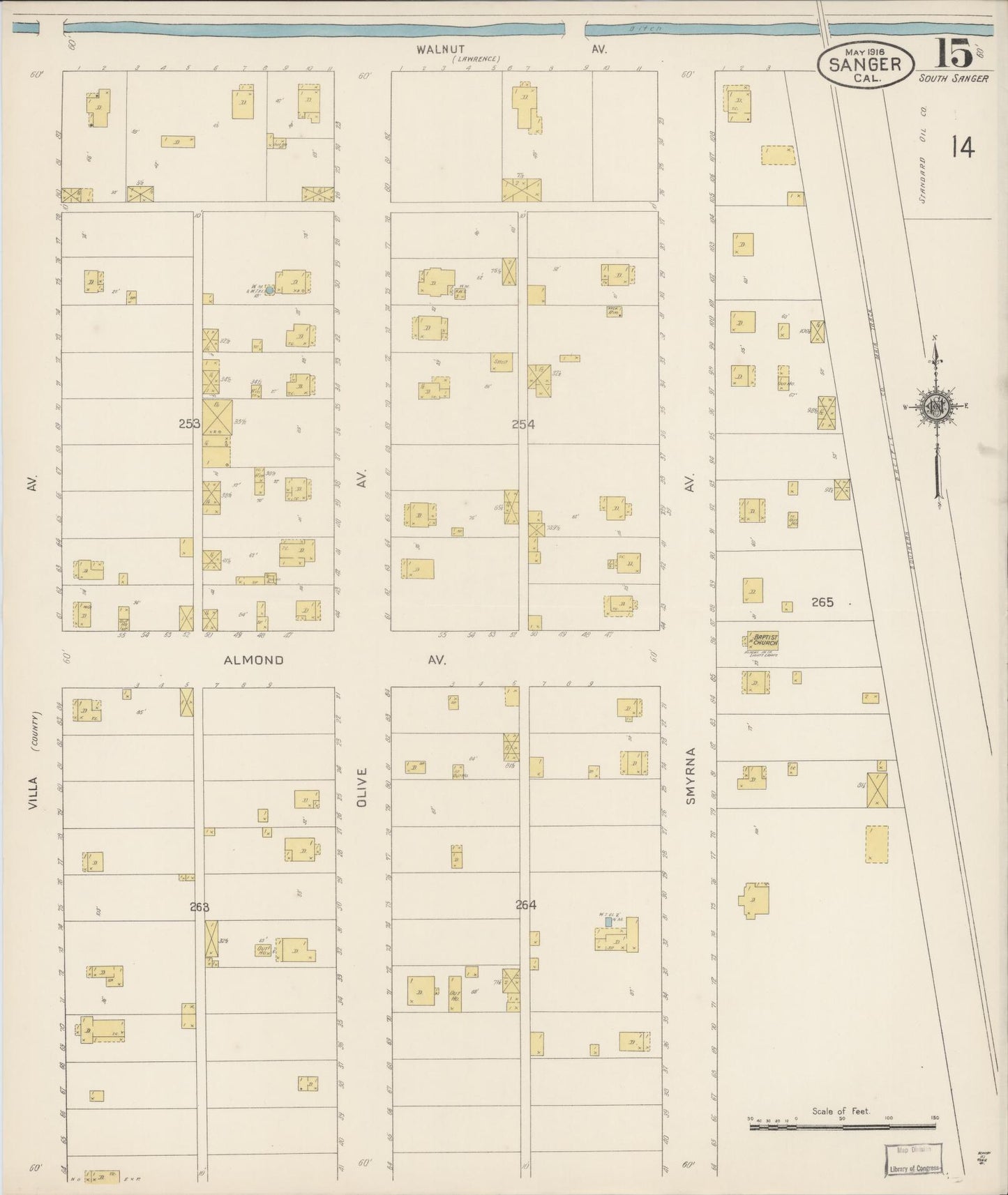 Sanborn Fire Insurance Map from Sanger, Fresno County, California (1916), Sheet #0015 - Complete Map Set gallery image, historic Sanborn map, vintage wall art, California California