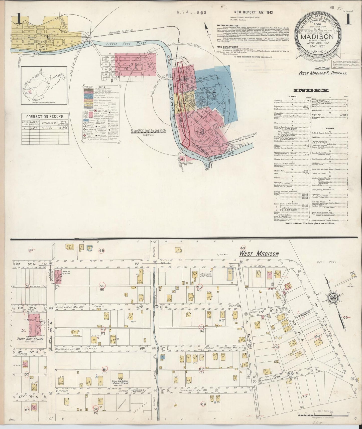 Sanborn Fire Insurance Map from Madison, Boone County, West Virginia. (1943) – Historic Sanborn Fire Insurance Map Print
