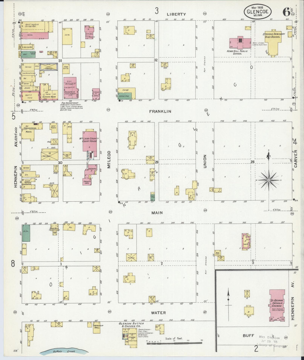 Sanborn Fire Insurance Map from Glencoe, Mcleod County, Minnesota (1908), Sheet #0006 - Historic Sanborn Fire Insurance Map Print, vintage old map wall art, antique decor, genealogy gift, Minnesota Minnesota map