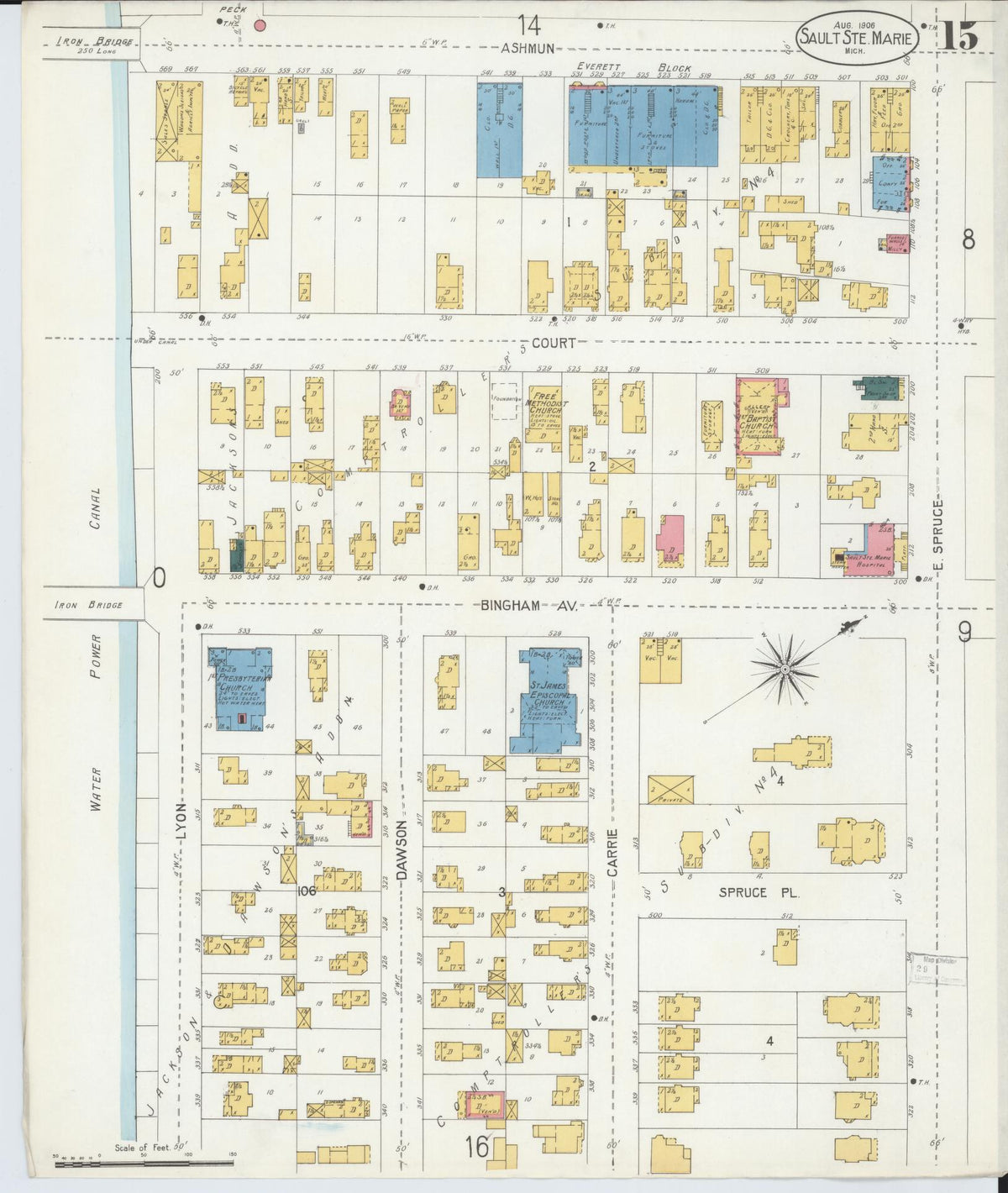 Sanborn Fire Insurance Map from Sault Sainte Marie, Chippewa County, Michigan (1906), Sheet #0015 - Historic Sanborn Fire Insurance Map Print, vintage old map wall art, antique decor, genealogy gift, Michigan Michigan map