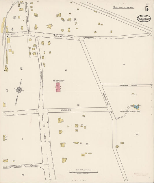 Sanborn Fire Insurance Map from Ridgefield, Fairfield County, Connecticut (1922), Sheet #0005 - Historic Sanborn Fire Insurance Map Print, vintage old map wall art, antique decor, genealogy gift, Connecticut Connecticut map