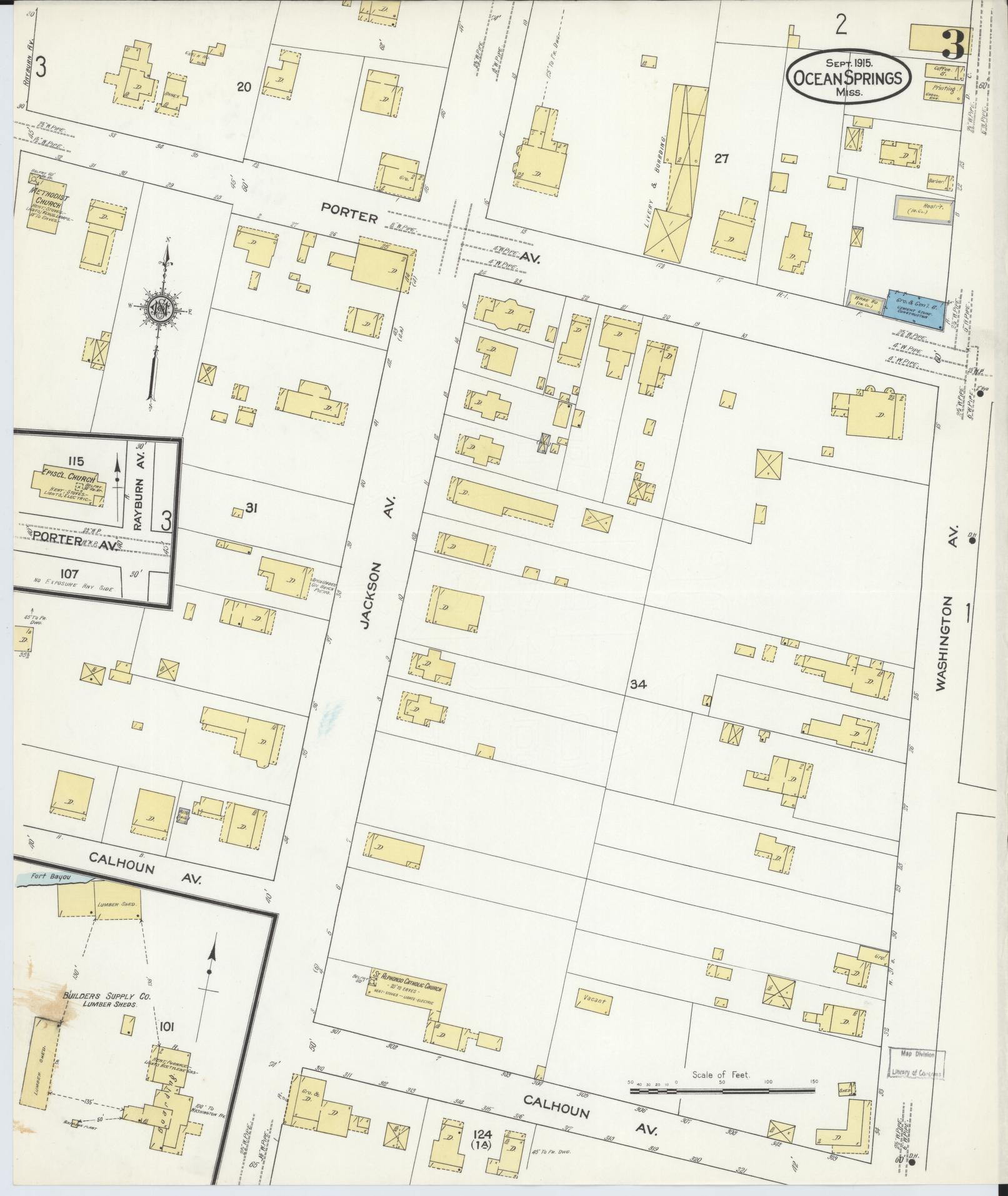 Sanborn Fire Insurance Map from Ocean Springs, Jackson County, Mississippi (1915), Sheet #0003 - Complete Map Set gallery image, historic Sanborn map, vintage wall art, Mississippi Mississippi