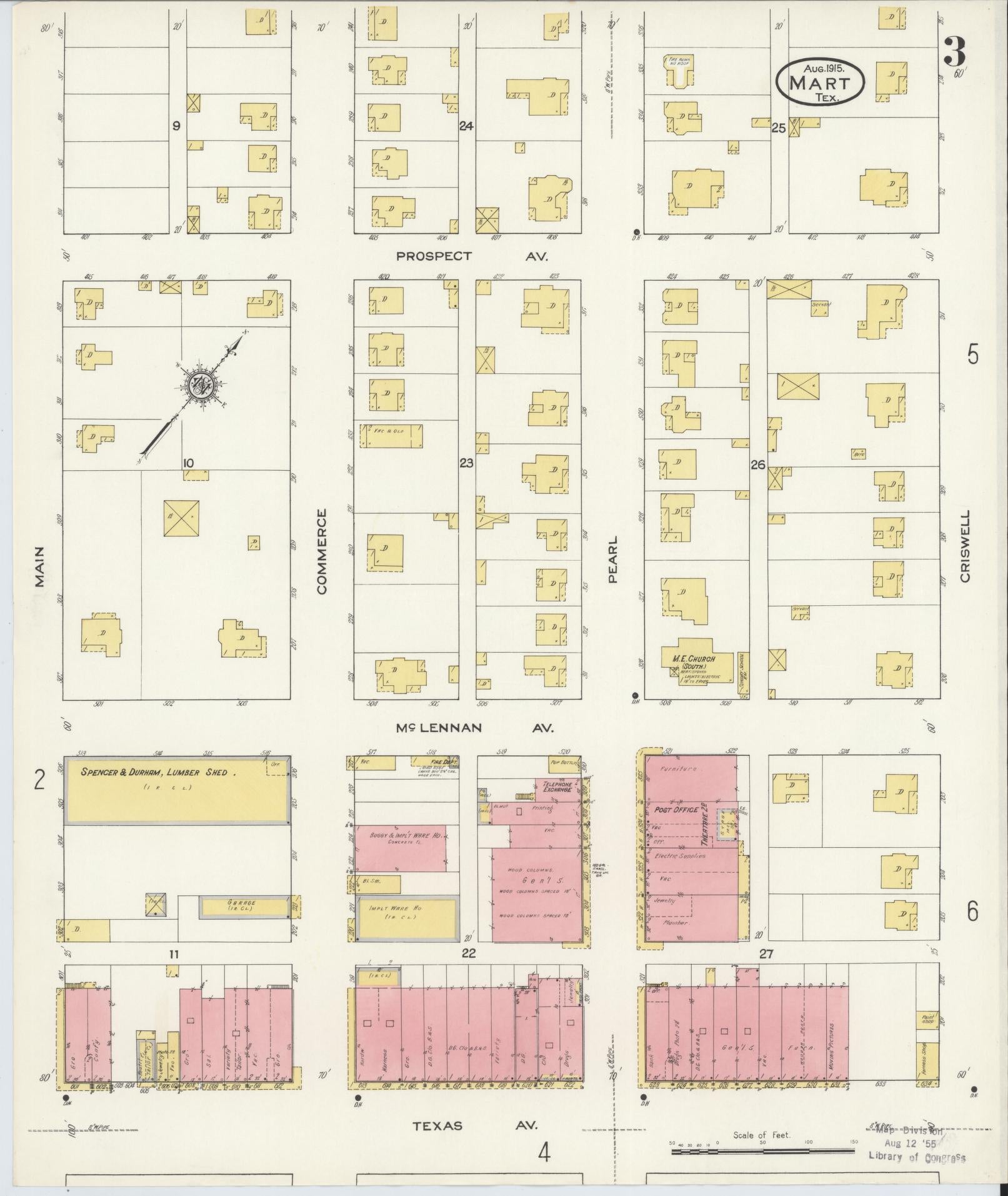 Sanborn Fire Insurance Map from Mart, McLennan County, Texas (1915), Sheet #0003 - Historic Sanborn Fire Insurance Map Print, vintage old map wall art, antique decor, genealogy gift, Texas Texas map
