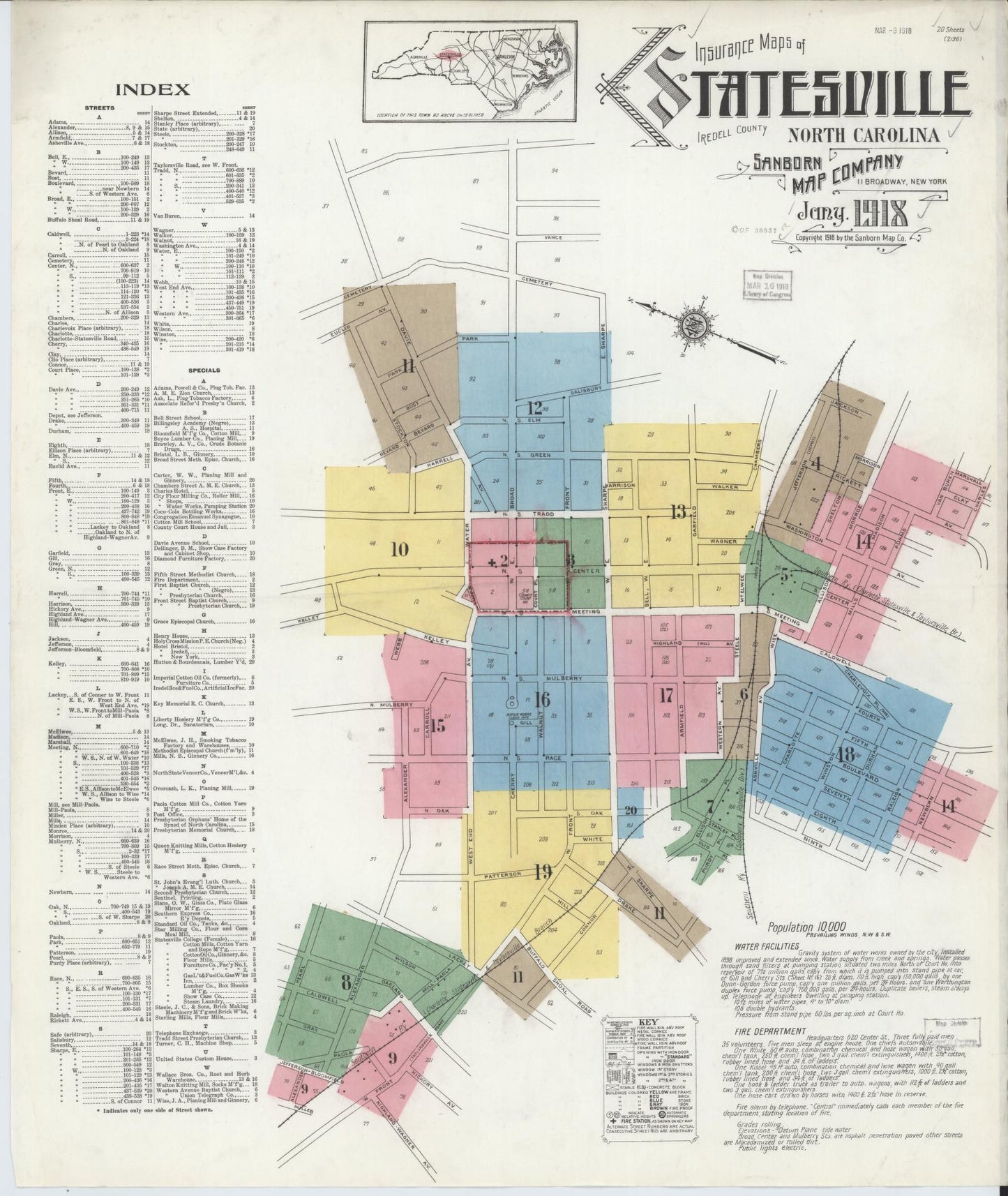 Sanborn Fire Insurance Map from Statesville, Iredell County, North Carolina (1918), Sheet #0001 - Historic Sanborn Fire Insurance Map Print, vintage old map wall art, antique decor, genealogy gift, North Carolina North Carolina map