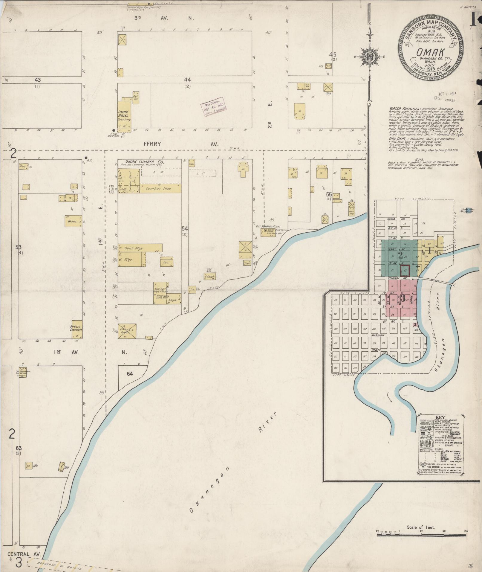 Sanborn Fire Insurance Map from Omak, Okanogan County, Washington (1915), Sheet #0001 - Complete Map Set gallery image, historic Sanborn map, vintage wall art, Washington Washington