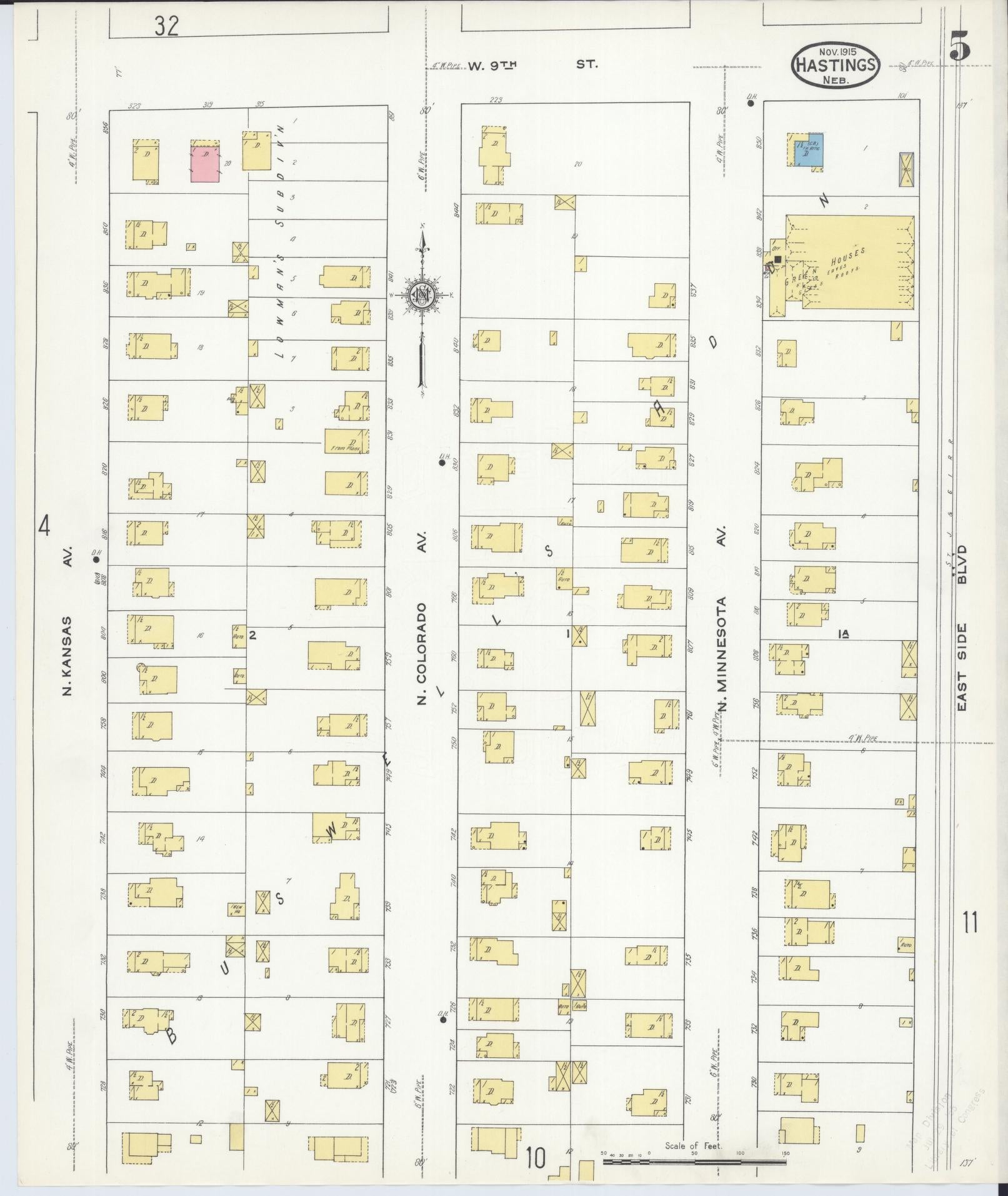 Sanborn Fire Insurance Map from Hastings, Adams County, Nebraska (1915), Sheet #0005 - Historic Sanborn Fire Insurance Map Print, vintage old map wall art, antique decor, genealogy gift, Nebraska Nebraska map