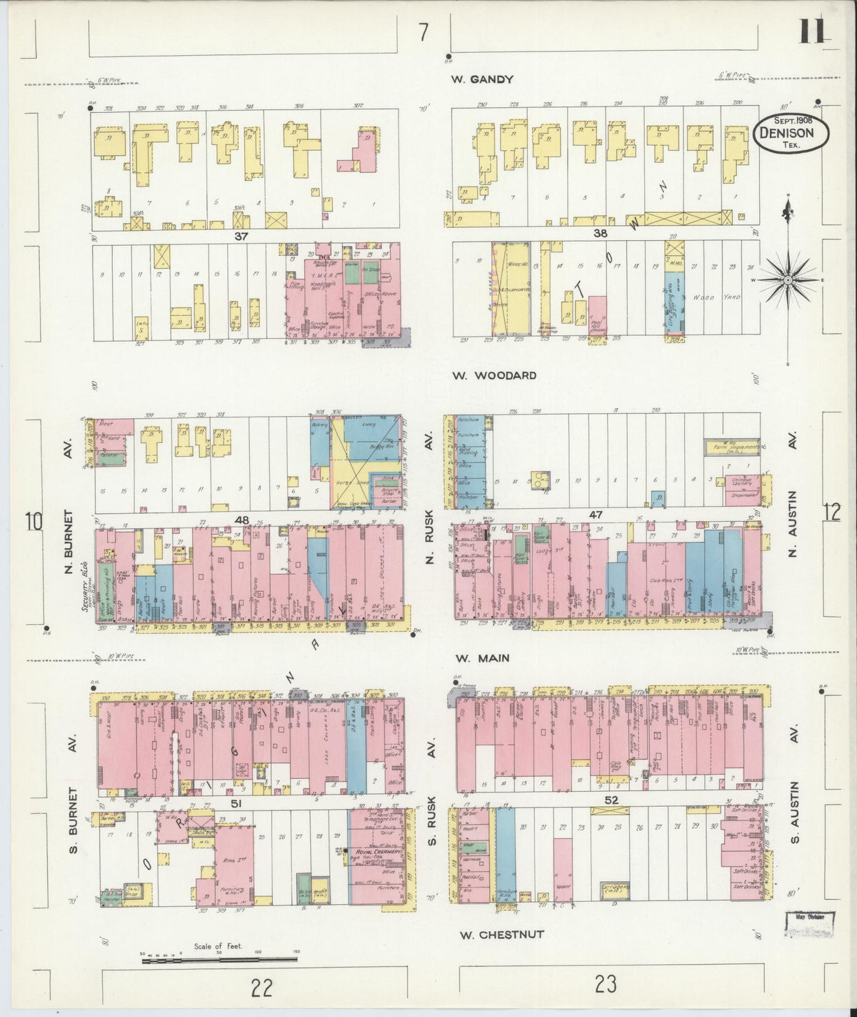 Sanborn Fire Insurance Map from Denison, Grayson County, Texas (1908), Sheet #0011 - Complete Map Set gallery image, historic Sanborn map, vintage wall art, Texas Texas