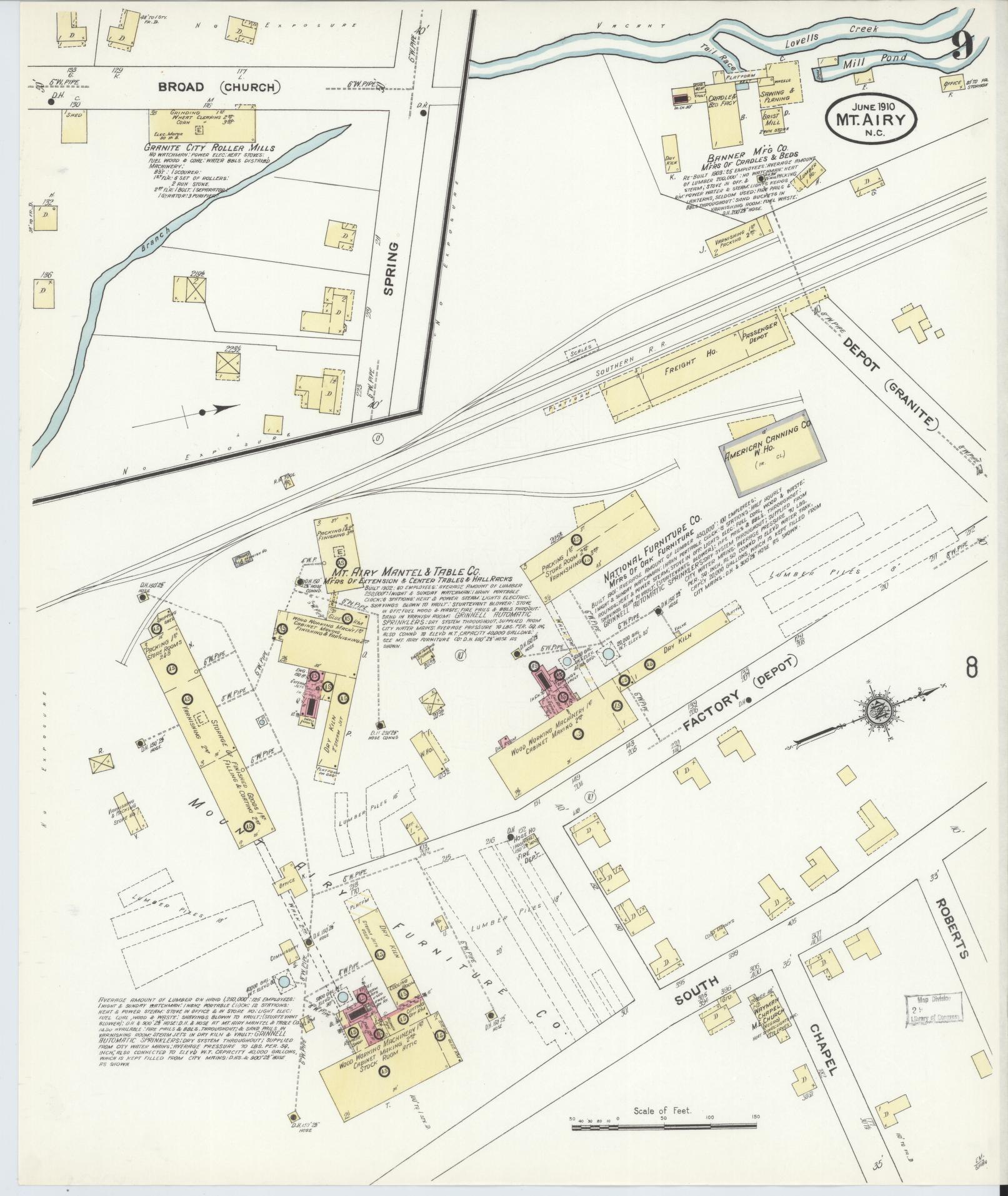 Sanborn Fire Insurance Map from Mount Airy, Surry County, North Carolina (1910), Sheet #0009 - Historic Sanborn Fire Insurance Map Print, vintage old map wall art, antique decor, genealogy gift, North Carolina North Carolina map