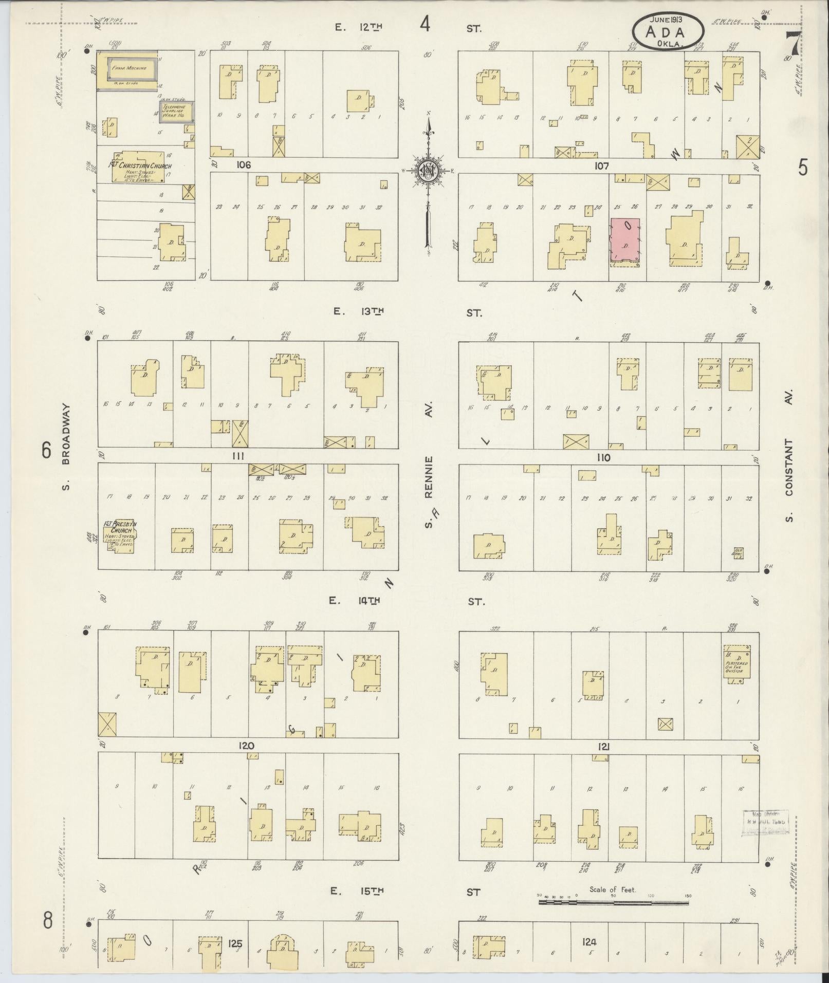 Sanborn Fire Insurance Map from Ada, Pontotoc County, Oklahoma (1913), Sheet #0007 - Complete Map Set gallery image, historic Sanborn map, vintage wall art, Oklahoma Oklahoma