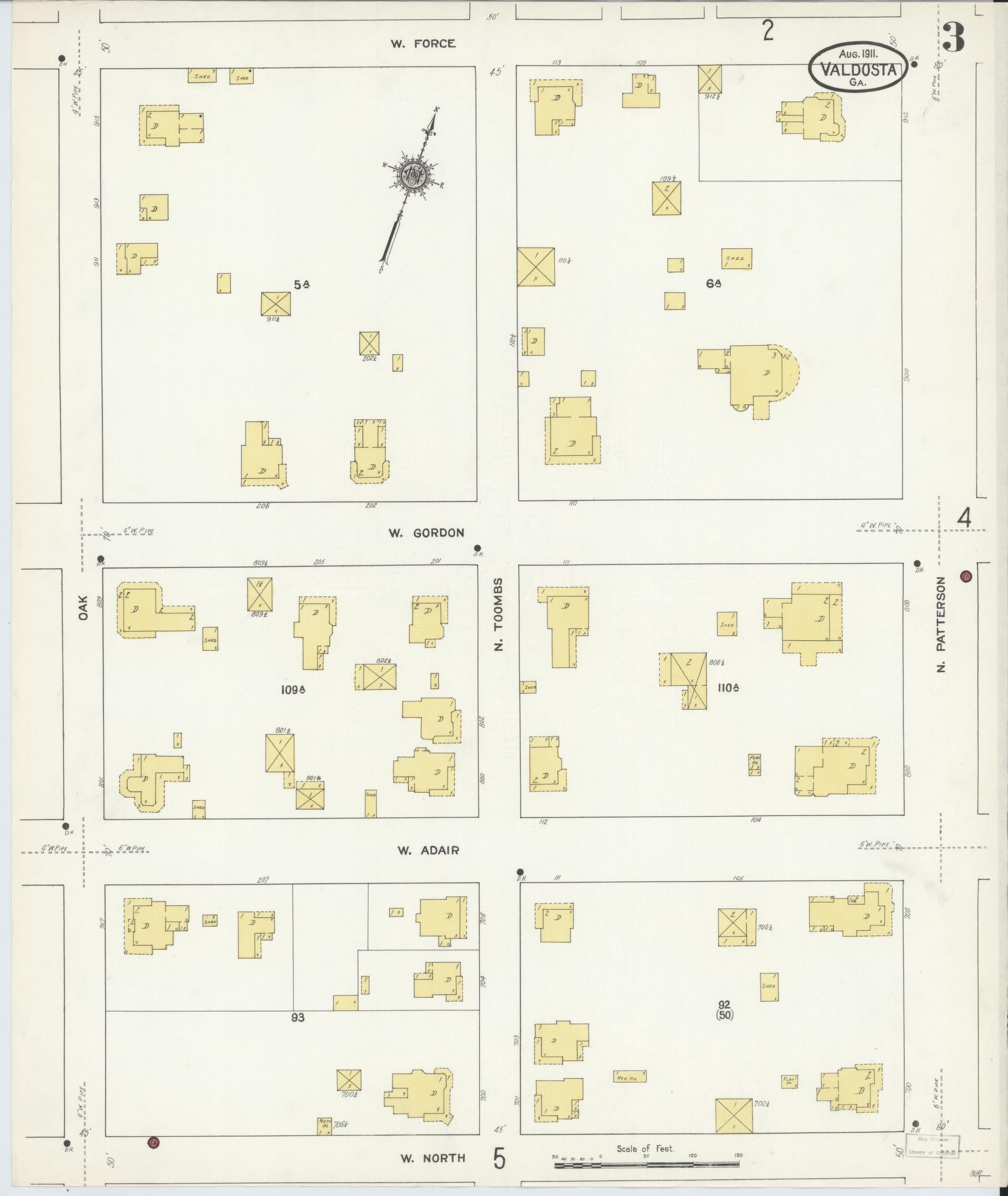 Sanborn Fire Insurance Map from Valdosta, Lowndes County, Georgia (1911), Sheet #0003 - Historic Sanborn Fire Insurance Map Print, vintage old map wall art, antique decor, genealogy gift, Georgia Georgia map