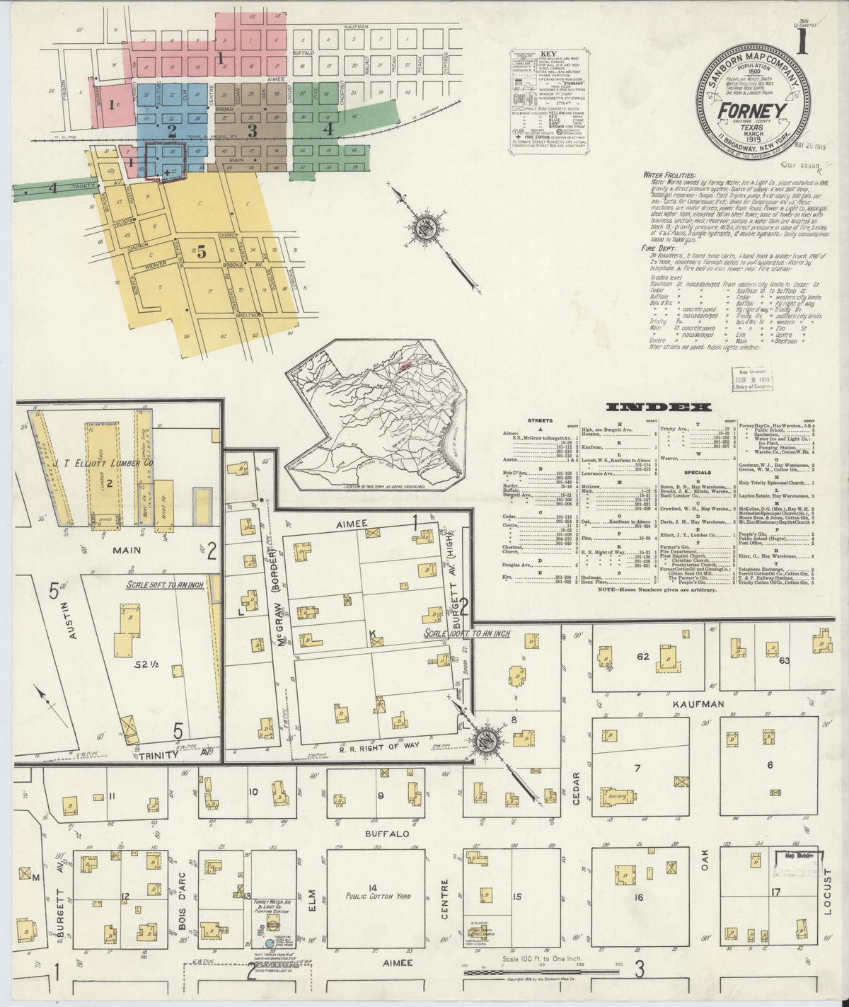 Sanborn Fire Insurance Map from Forney, Kaufman County, Texas (1919), Sheet #0001 - Complete Map Set gallery image, historic Sanborn map, vintage wall art, Texas Texas