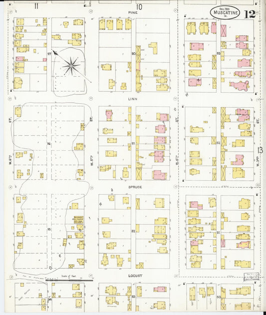 Sanborn Fire Insurance Map from Muscatine, Muscatine County, Iowa (1905), Sheet #0012 - Historic Sanborn Fire Insurance Map Print, vintage old map wall art