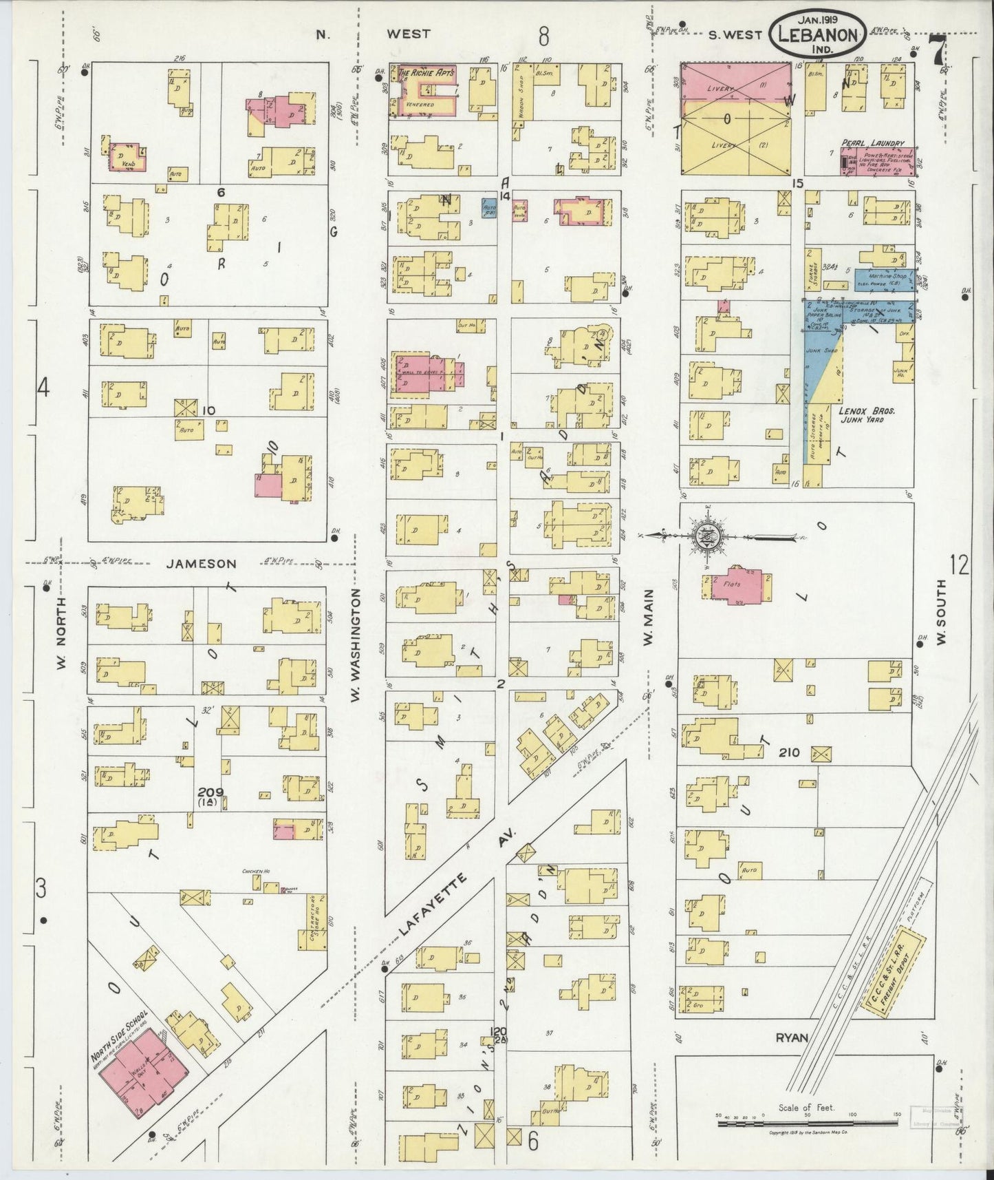 Sanborn Fire Insurance Map from Lebanon, Boone County, Indiana (1919), Sheet #0007 - Complete Map Set gallery image, historic Sanborn map, vintage wall art, Indiana Indiana