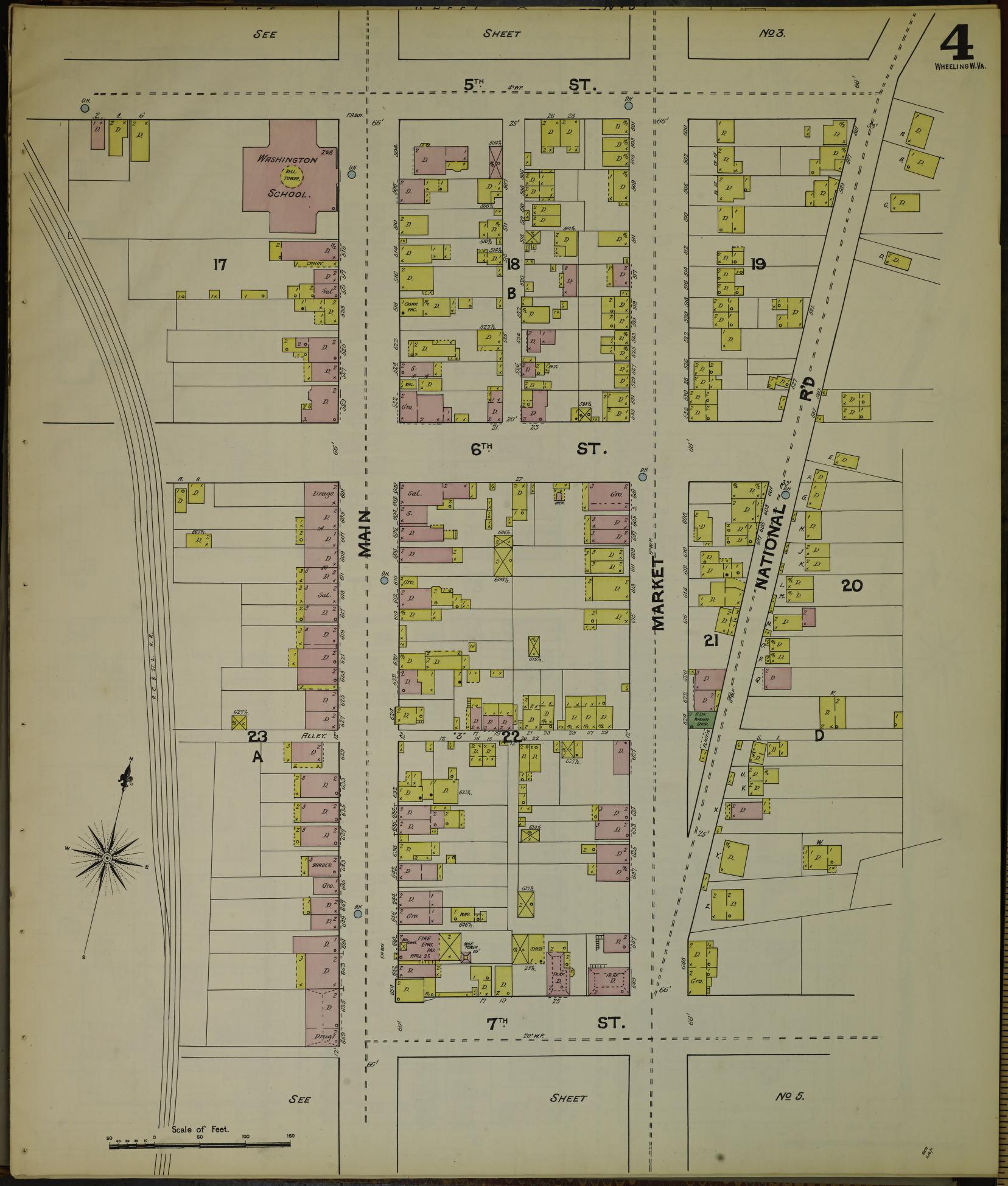 Sanborn Fire Insurance Map from Wheeling, Ohio County, West Virginia (1890), Sheet #0004 - Historic Sanborn Fire Insurance Map Print, vintage old map wall art, antique decor, genealogy gift, West Virginia West Virginia map