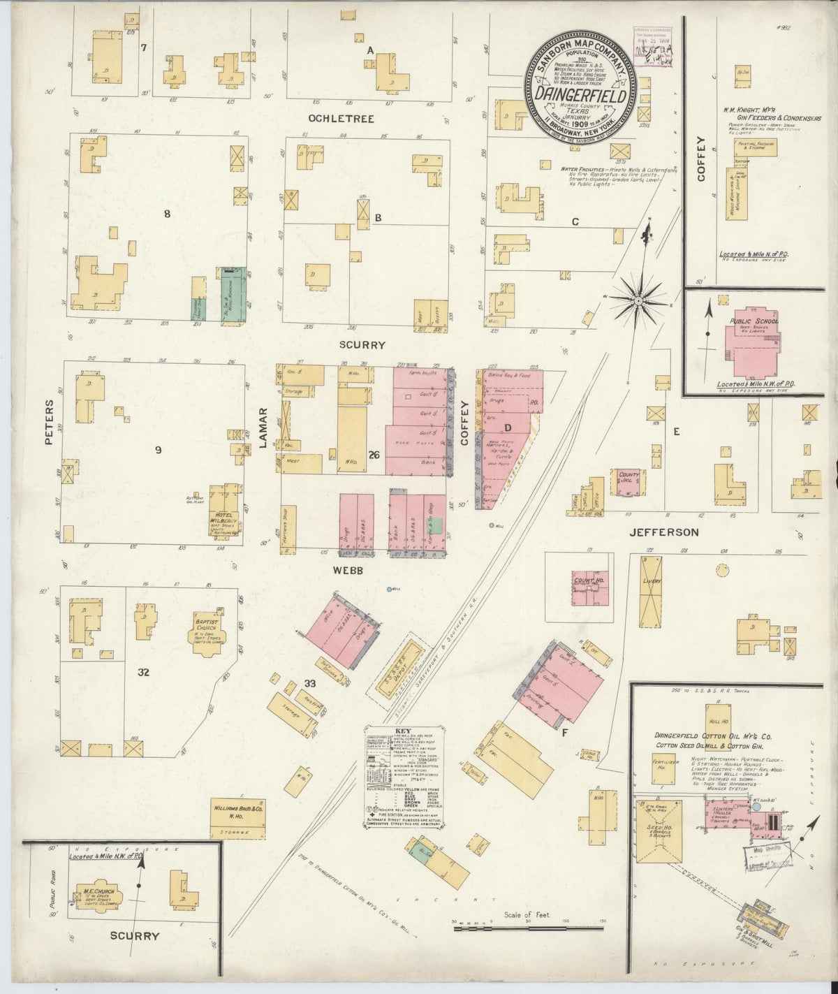 Sanborn Fire Insurance Map from Daingerfield, Morris County, Texas (1909), Sheet #0001 - Historic Sanborn Fire Insurance Map Print, vintage old map wall art, antique decor, genealogy gift, Texas Texas map