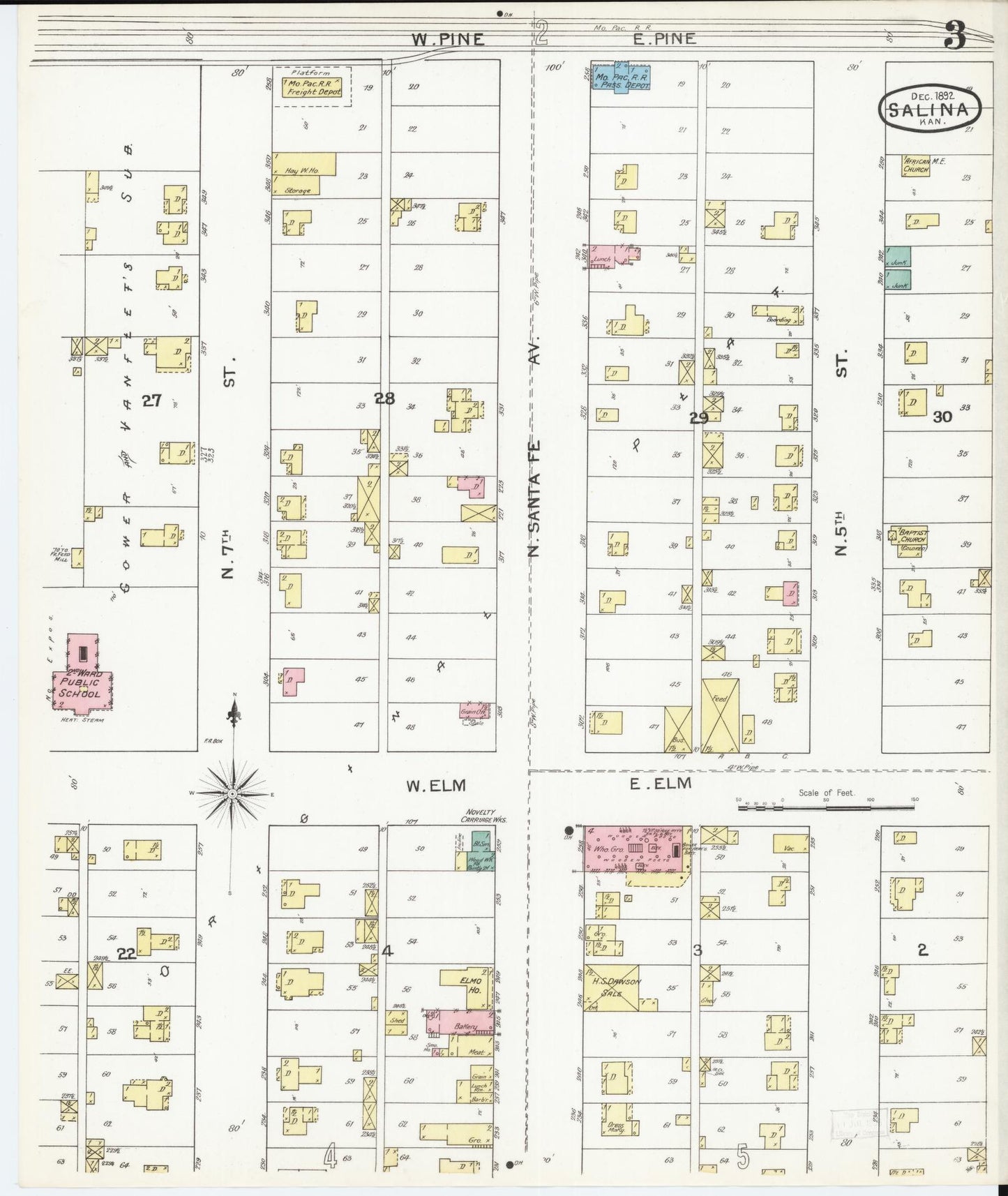 Sanborn Fire Insurance Map from Salina, Saline County, Kansas (1892), Sheet #0003 - Complete Map Set gallery image, historic Sanborn map, vintage wall art, Kansas Kansas