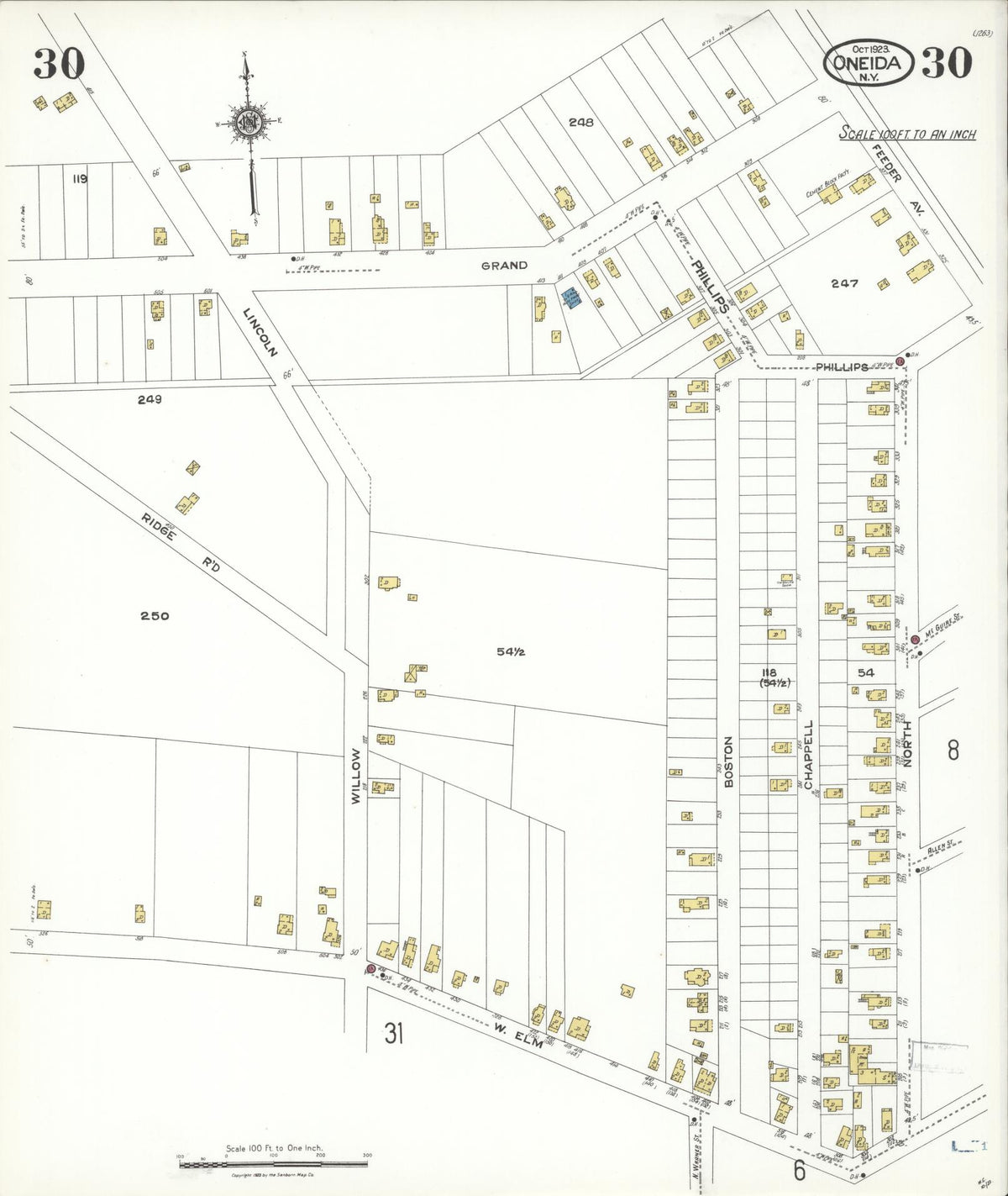 Sanborn Fire Insurance Map from Oneida, Madison County, New York (1923), Sheet #0030 - Historic Sanborn Fire Insurance Map Print, vintage old map wall art, antique decor, genealogy gift, New York New York map