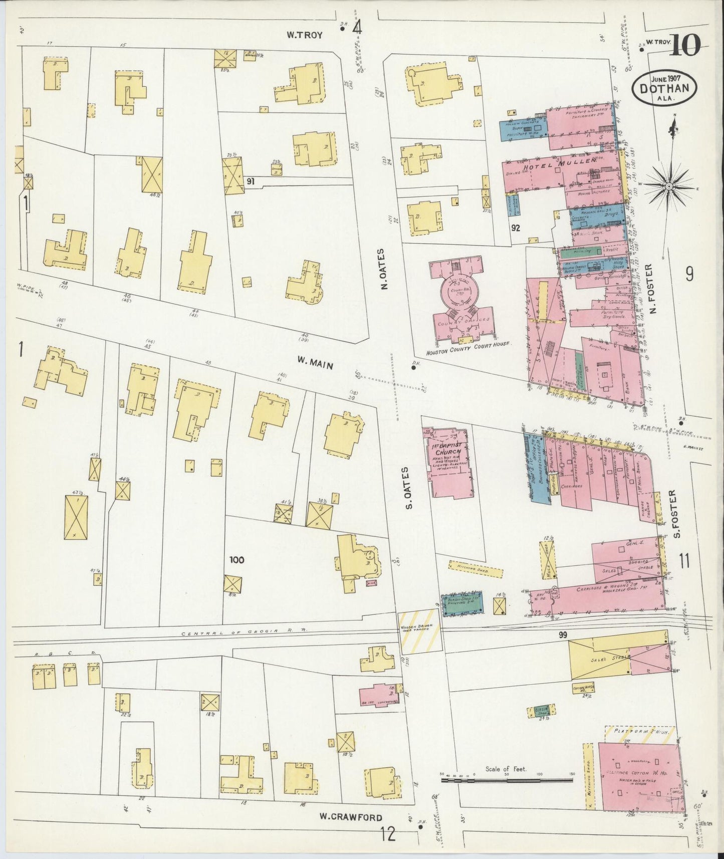 Sanborn Fire Insurance Map from Dothan, Houston County, Alabama (1907), Sheet #0010 - Historic Sanborn Fire Insurance Map Print, vintage old map wall art, antique decor, genealogy gift, Alabama Alabama map