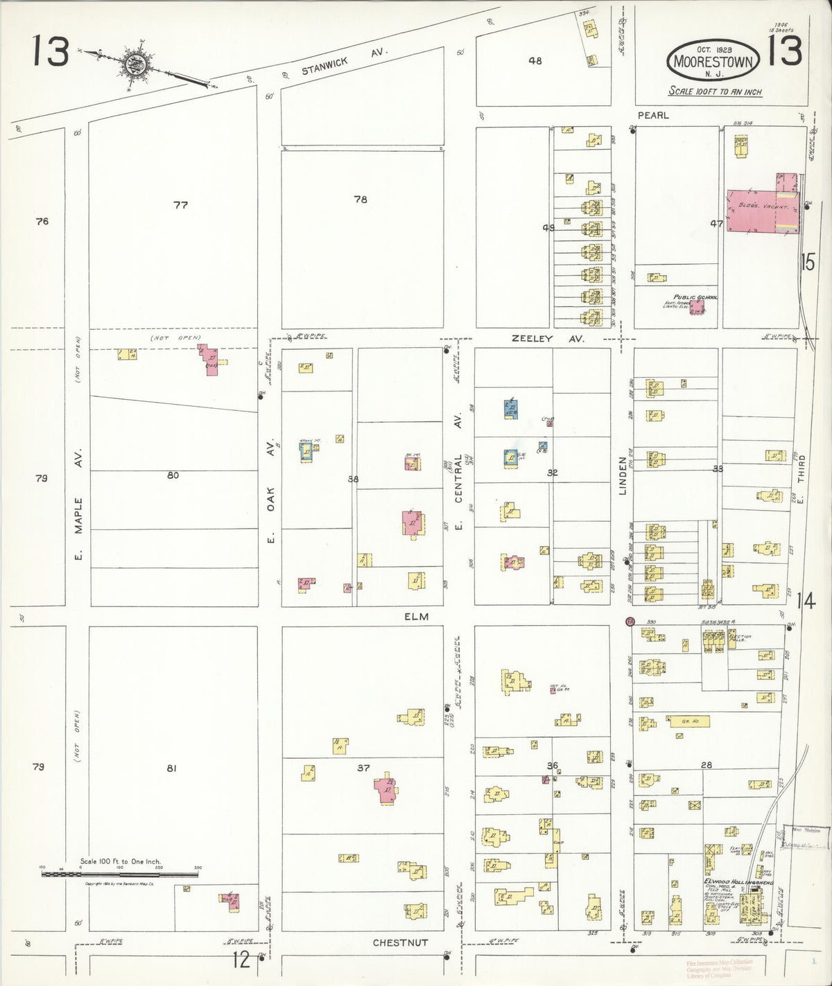Sanborn Fire Insurance Map from Moorestown, Burlington County, New Jersey (1923), Sheet #0013 - Historic Sanborn Fire Insurance Map Print, vintage old map wall art, antique decor, genealogy gift, New Jersey New Jersey map