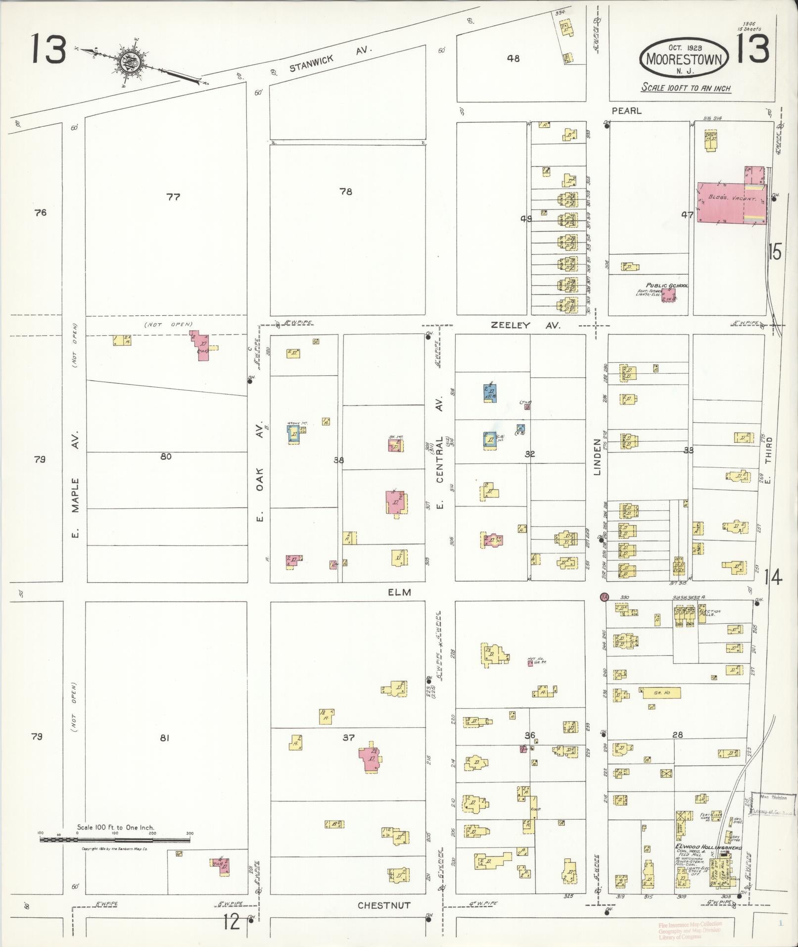Sanborn Fire Insurance Map from Moorestown, Burlington County, New Jersey (1923), Sheet #0013 - Historic Sanborn Fire Insurance Map Print, vintage old map wall art, antique decor, genealogy gift, New Jersey New Jersey map