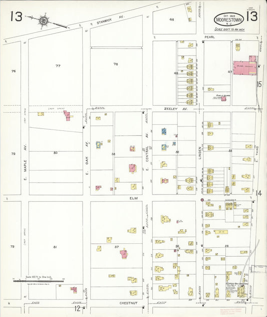 Sanborn Fire Insurance Map from Moorestown, Burlington County, New Jersey (1923), Sheet #0013 - Historic Sanborn Fire Insurance Map Print, vintage old map wall art, antique decor, genealogy gift, New Jersey New Jersey map