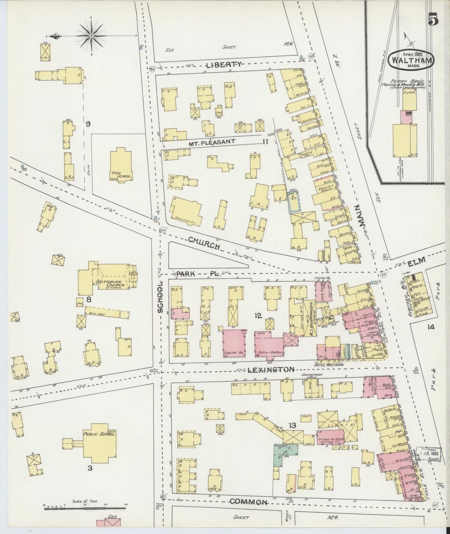 Sanborn Fire Insurance Map from Waltham, Middlesex County, Massachusetts (1892), Sheet #0005 - Historic Sanborn Fire Insurance Map Print, vintage old map wall art, antique decor, genealogy gift, Massachusetts Massachusetts map