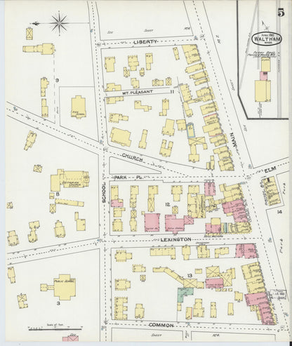 Sanborn Fire Insurance Map from Waltham, Middlesex County, Massachusetts (1892), Sheet #0005 - Historic Sanborn Fire Insurance Map Print, vintage old map wall art, antique decor, genealogy gift, Massachusetts Massachusetts map