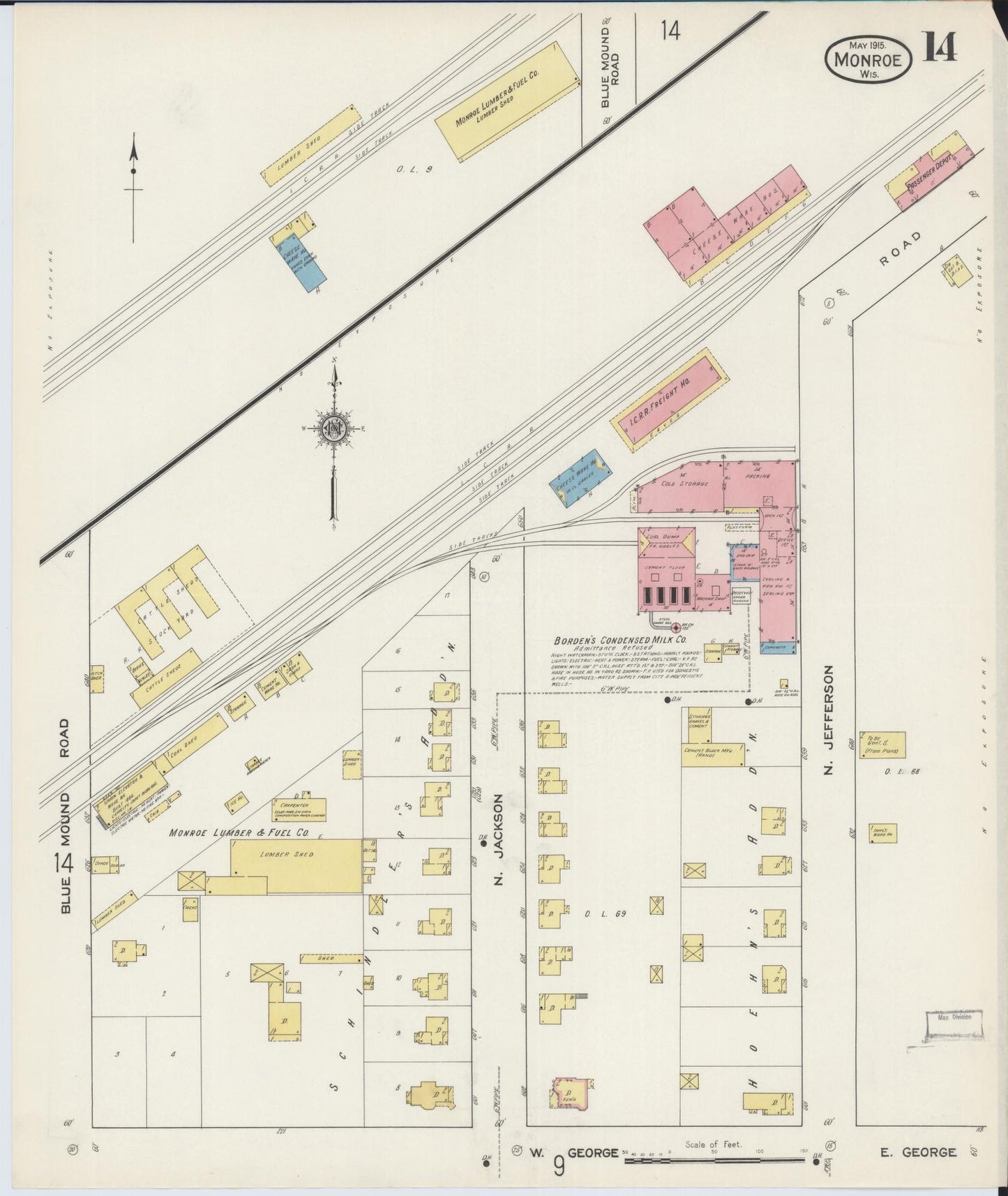 Sanborn Fire Insurance Map from Monroe, Green County, Wisconsin (1915), Sheet #0014 - Historic Sanborn Fire Insurance Map Print, vintage old map wall art, antique decor, genealogy gift, Wisconsin Wisconsin map