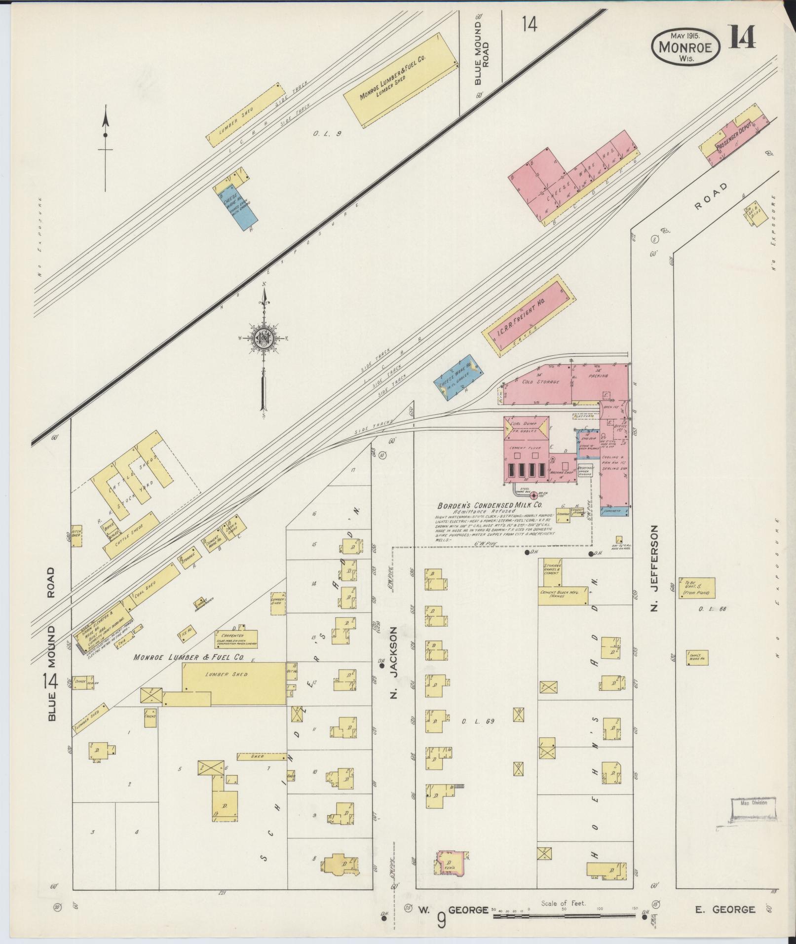 Sanborn Fire Insurance Map from Monroe, Green County, Wisconsin (1915), Sheet #0014 - Historic Sanborn Fire Insurance Map Print, vintage old map wall art, antique decor, genealogy gift, Wisconsin Wisconsin map